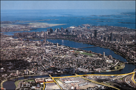 aerial view of Allston, Cambridge,