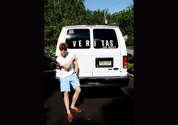 Matthew DeShaw traveled to Harvard in this Veritas decorated van. Photos by Matthew DeShaw