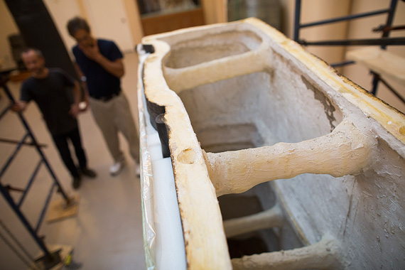 A view of the 10-foot stela’s internal reinforcement. Repainted and reassembled, it now resides in the permanent Mesopotamian gallery.