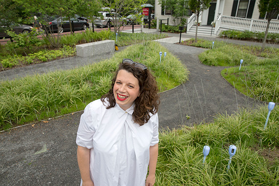 Recent Harvard Graduate School of Design graduate Christina Leigh Geros is the winner of Radcliffe’s biennial public art competition. Her exhibit, “Latent (e)Scapes,” consists of 1,600, 1/8-inch acrylic rods that glow. Kris Snibbe/Harvard Staff Photographer