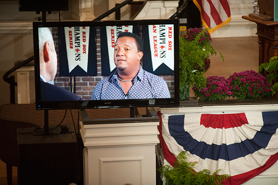 In a recorded video segment, Michael Sandel interviewed former Red Sox pitching great Pedro Martinez. Jon Chase/Harvard Staff Photographer