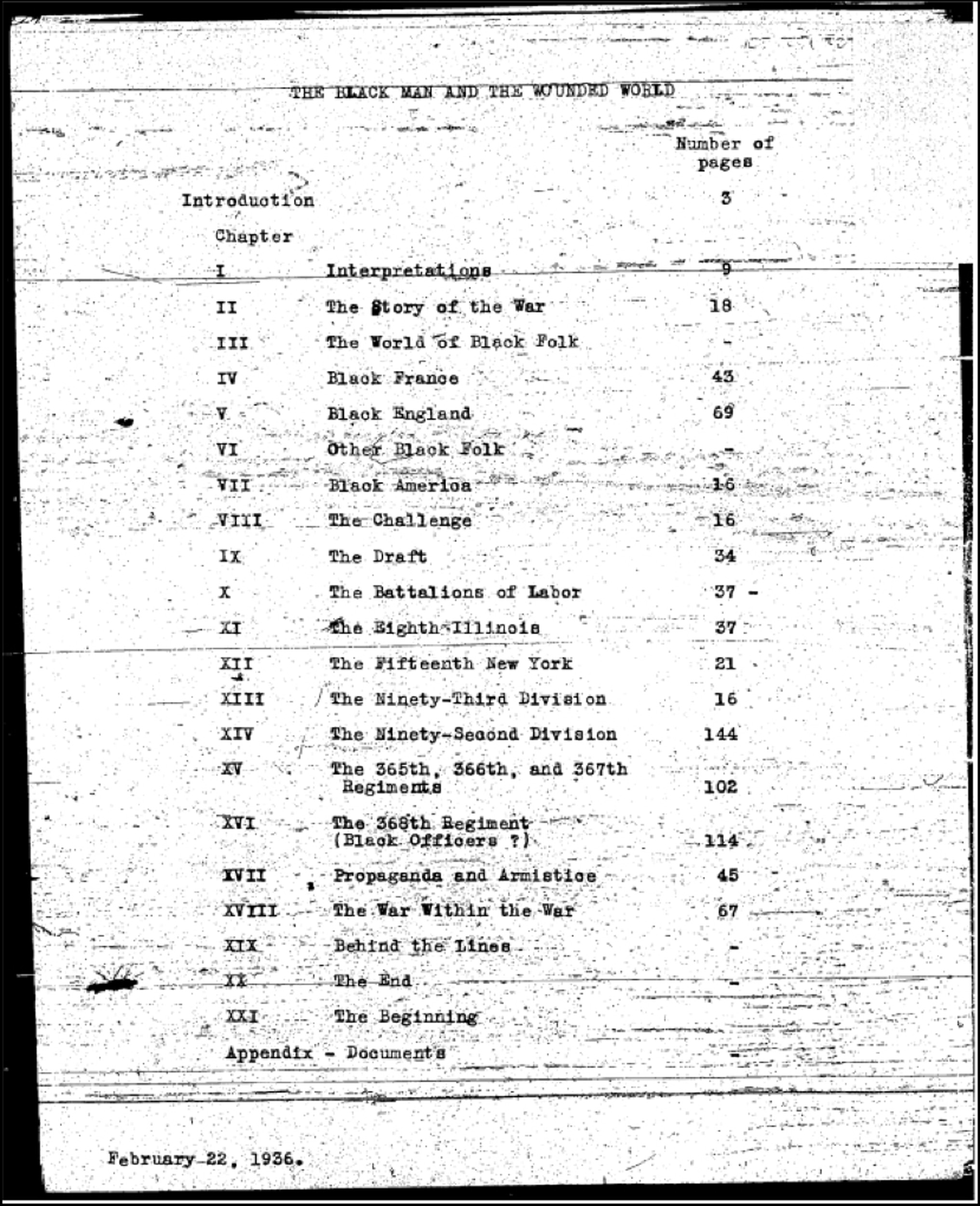 Table of Contents, 1936, The Black Man and the Wounded World (unpublished), W. E. B. Du Bois.