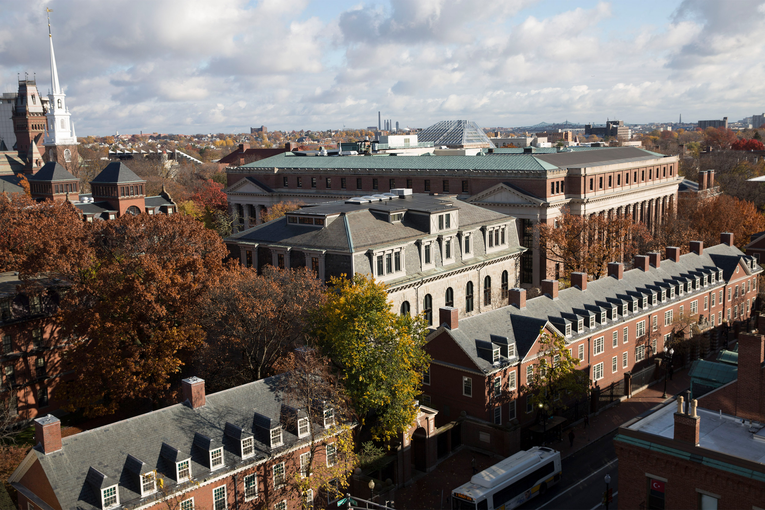 Overviews of Harvard Yard Memorial Church, Memorial Hall and Widener Library.