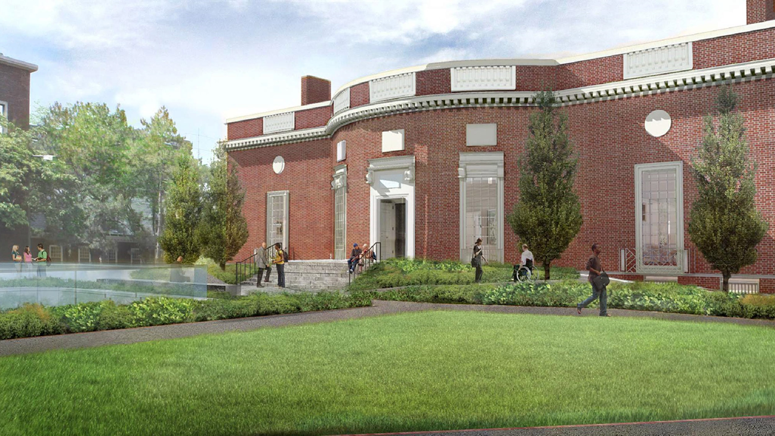 Rendering of Houghton Library showing ramped entrance, landscape design.