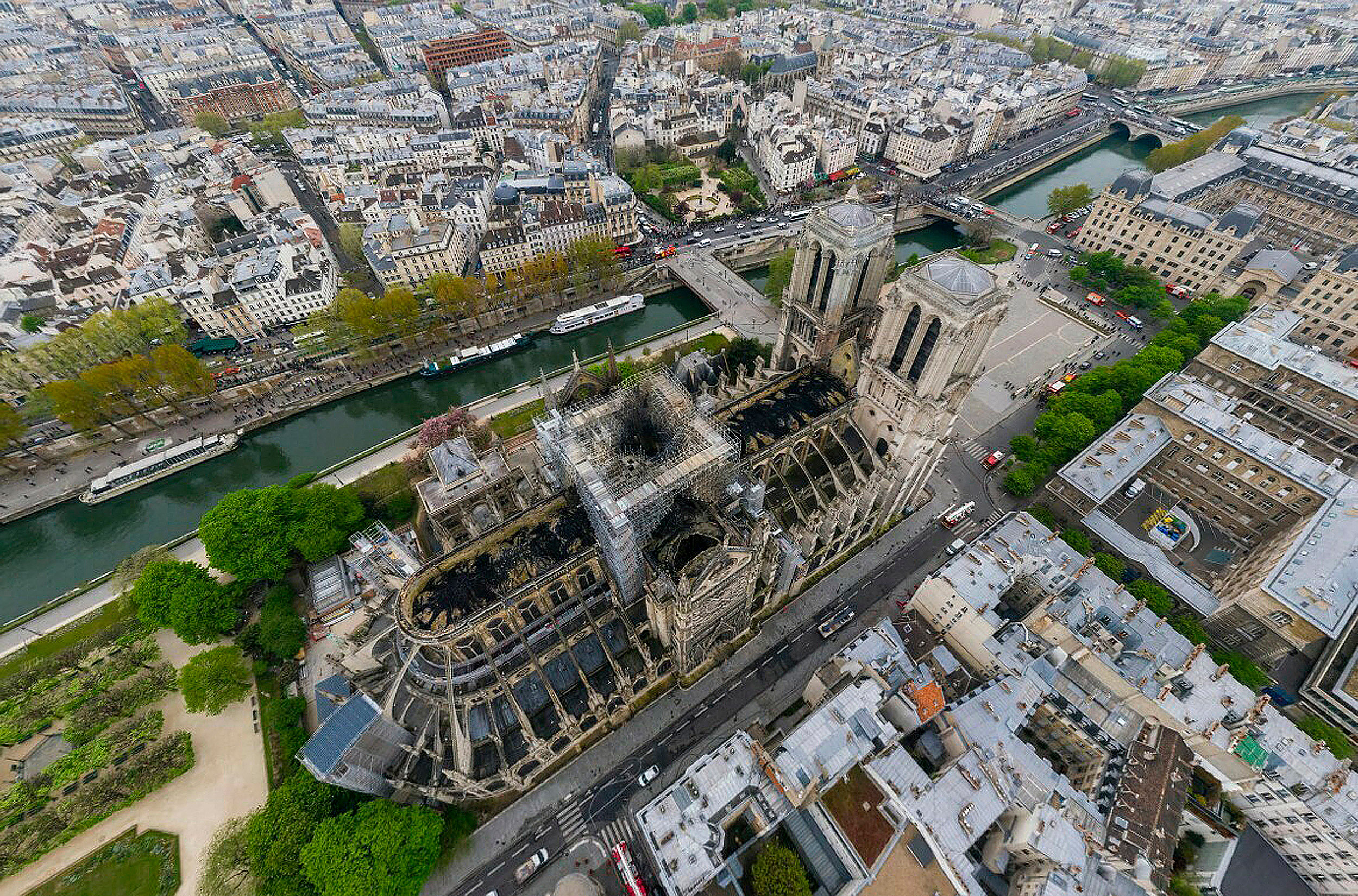 Overhead view of fire-damaged Notre-Dame cathedral.