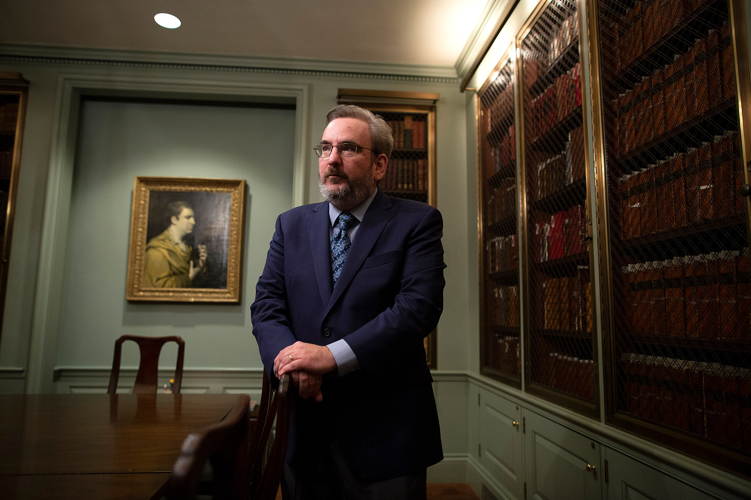 John Overholt in Houghton Library's Edison & Newman Room.