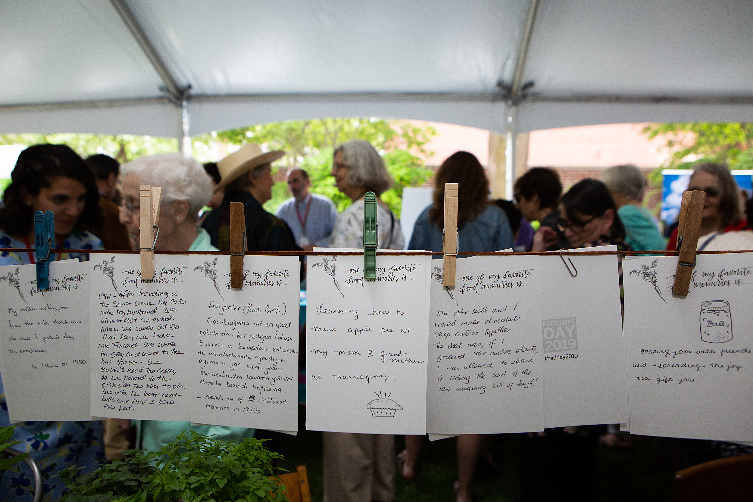 A clothesline clipped with notes of food memories.