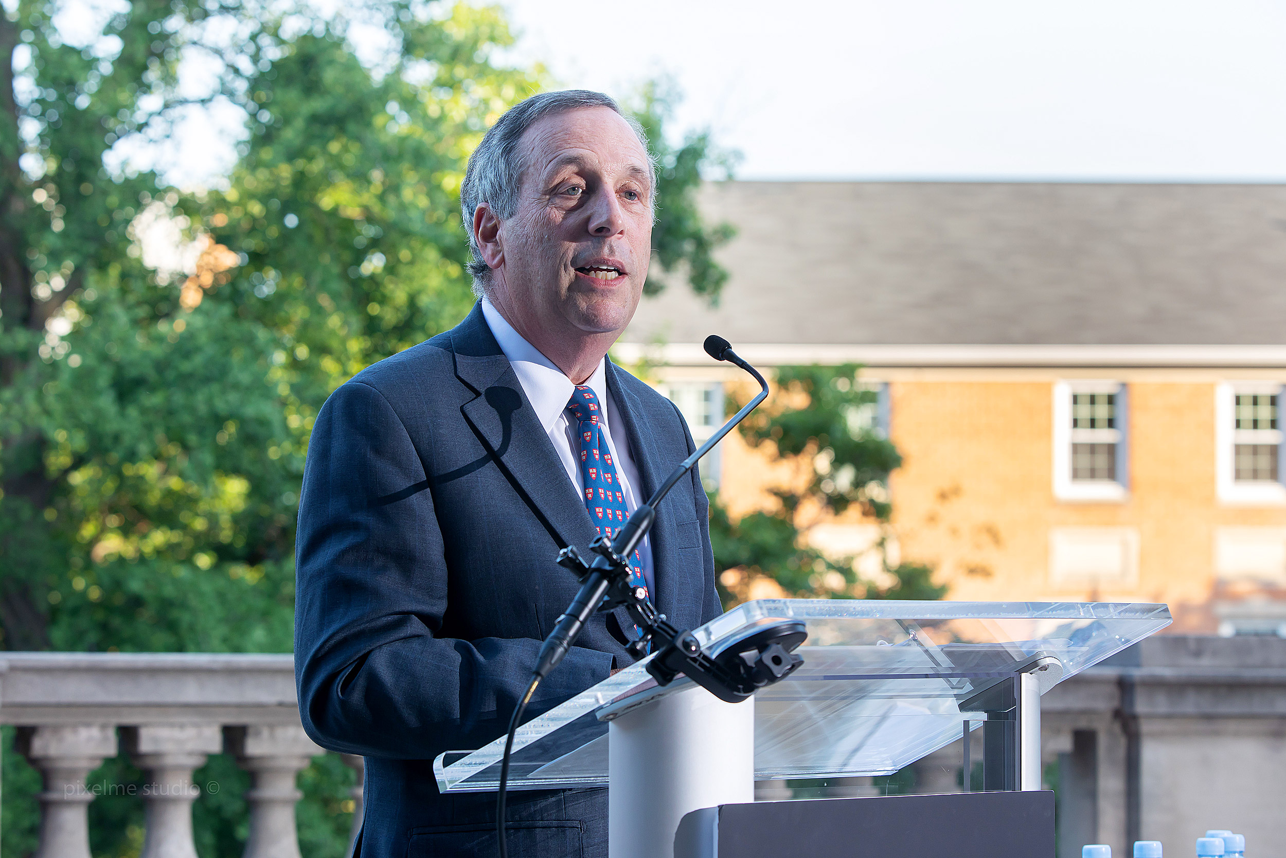 Harvard President Larry Bacow speaking in Washington, D.C.