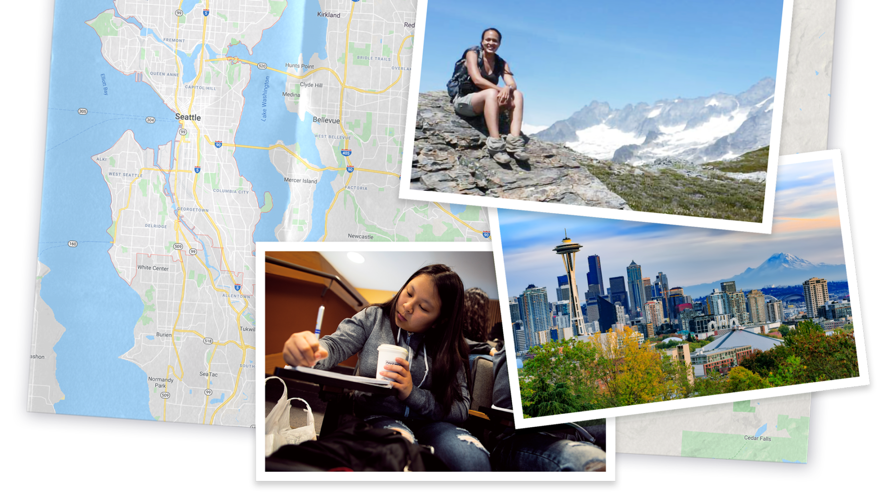 Alexis perched on a boulder with rugged mountains in the background; Seattle cityscape; CAP students studying