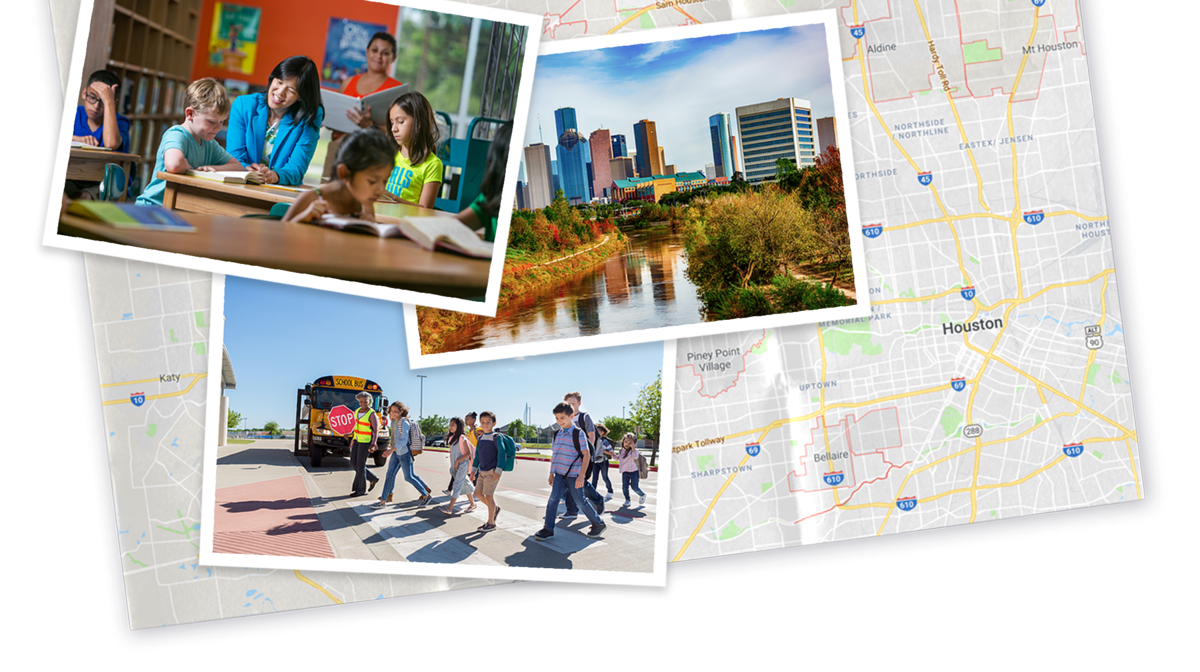 A collage of photos, including Anne with kids, Houston skyline, and kids walking across a street