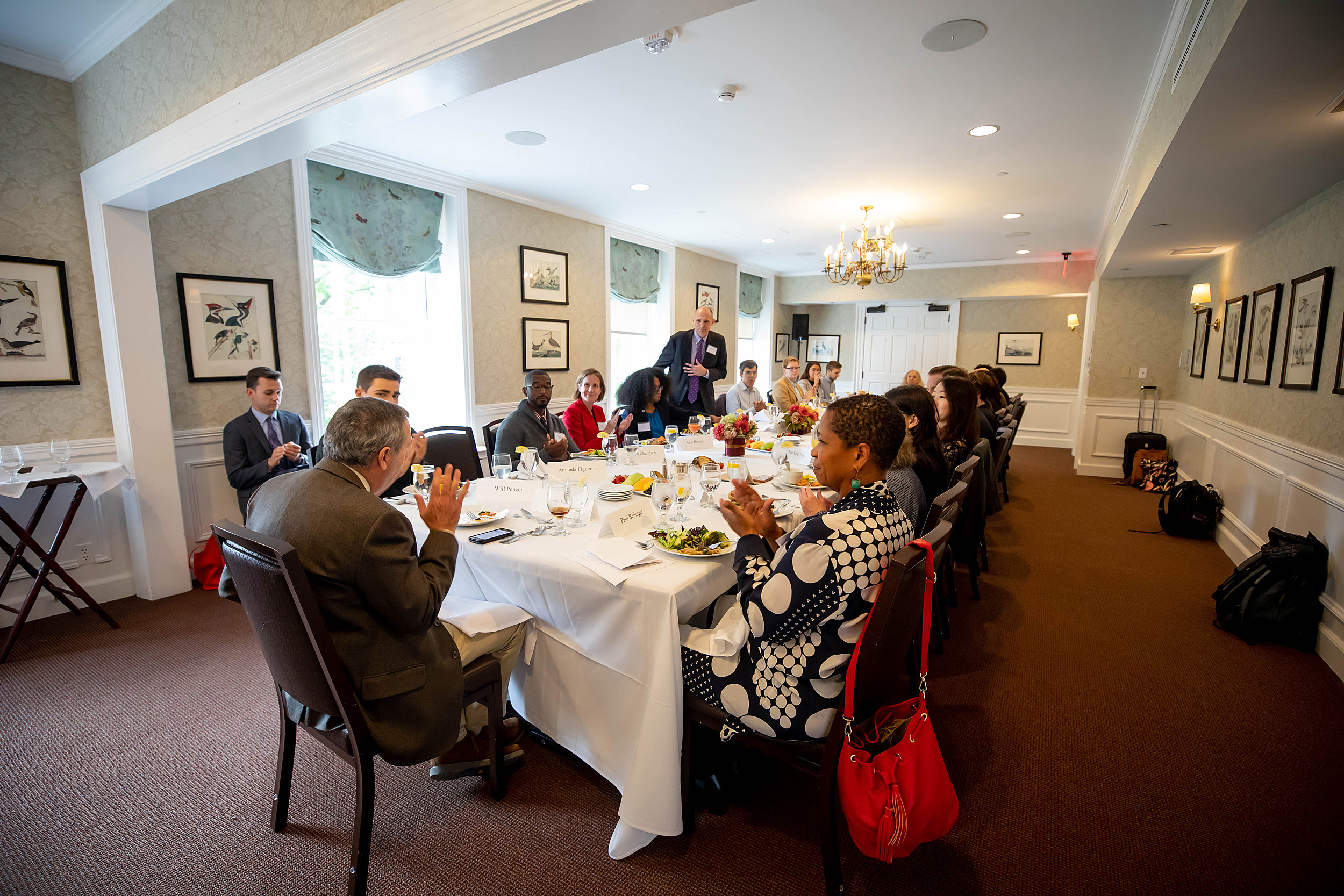 President Larry Bacow, addresses the attendees at the Presidential Public Service Fellowship lunch