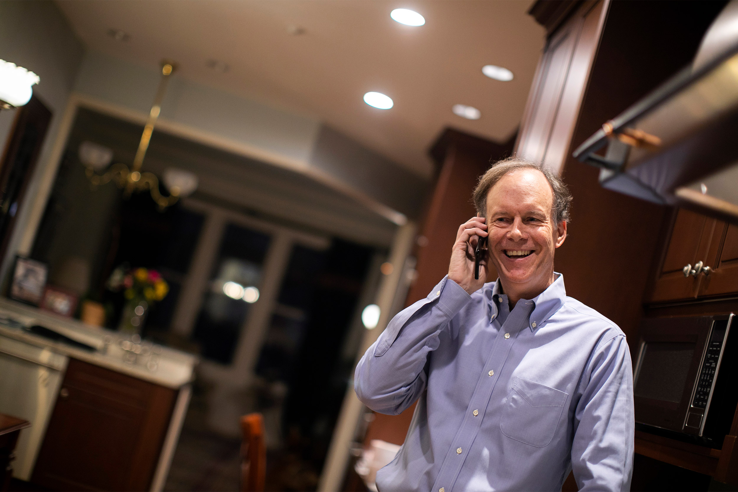 William G. Kaelin Jr. talks on phone after winning Nobel.