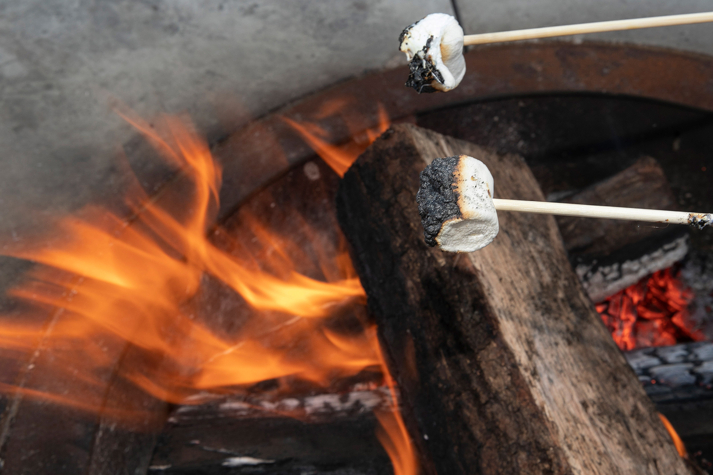 Marshmallows toasting over fire pit at the Science Center Plaza.