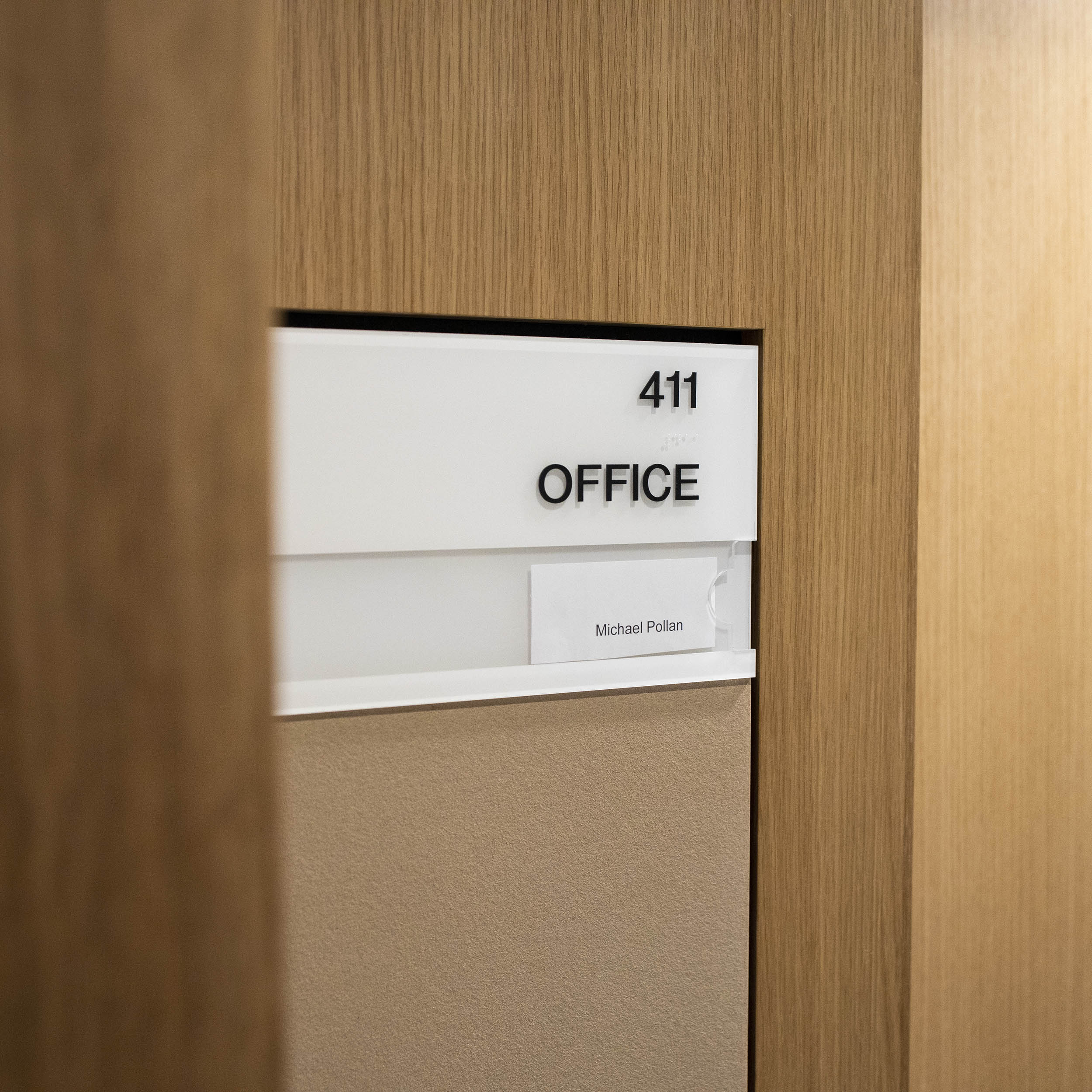 The nameplate for Michael Pollan's office is pictured.