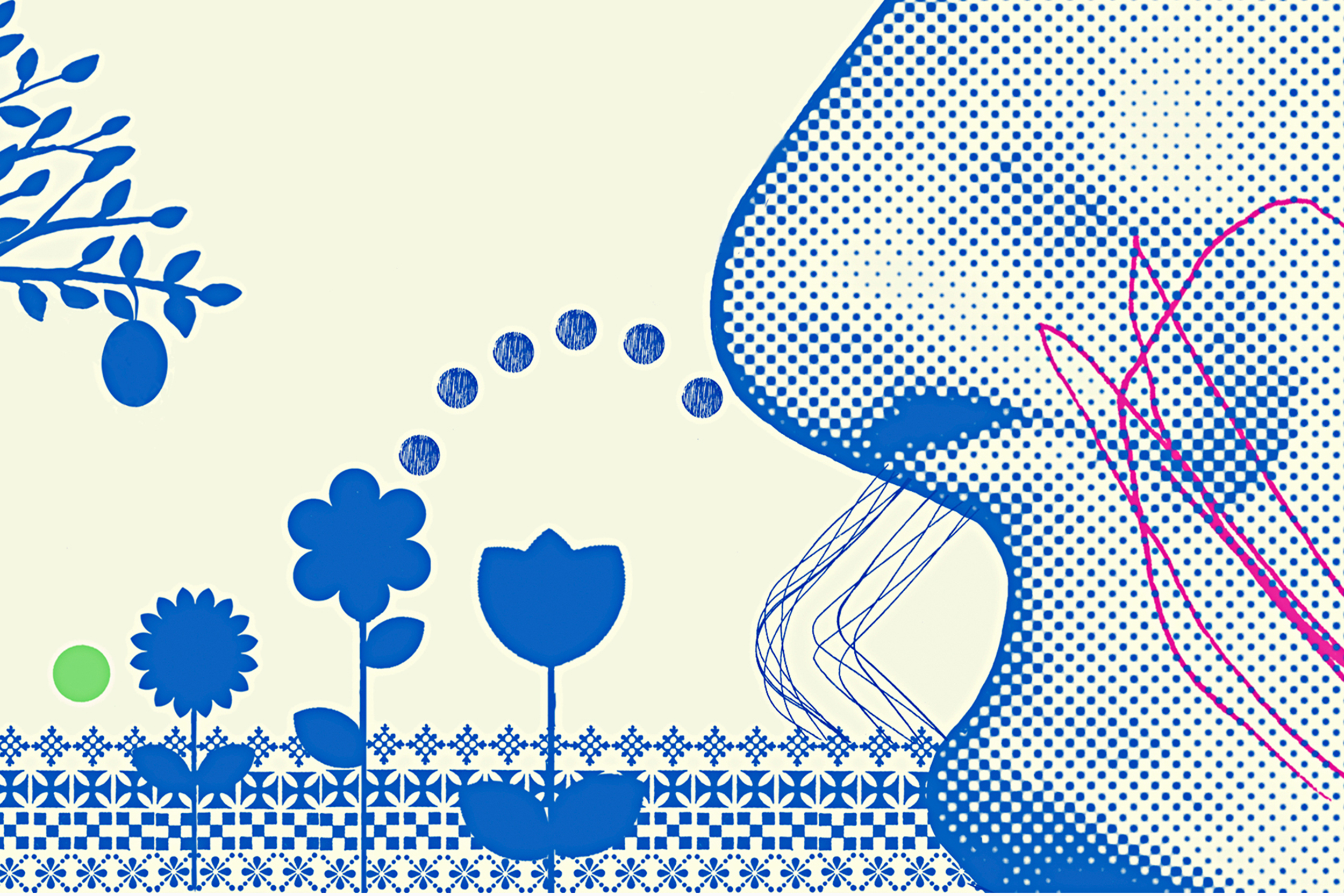 Illustration of a person smelling flowers.