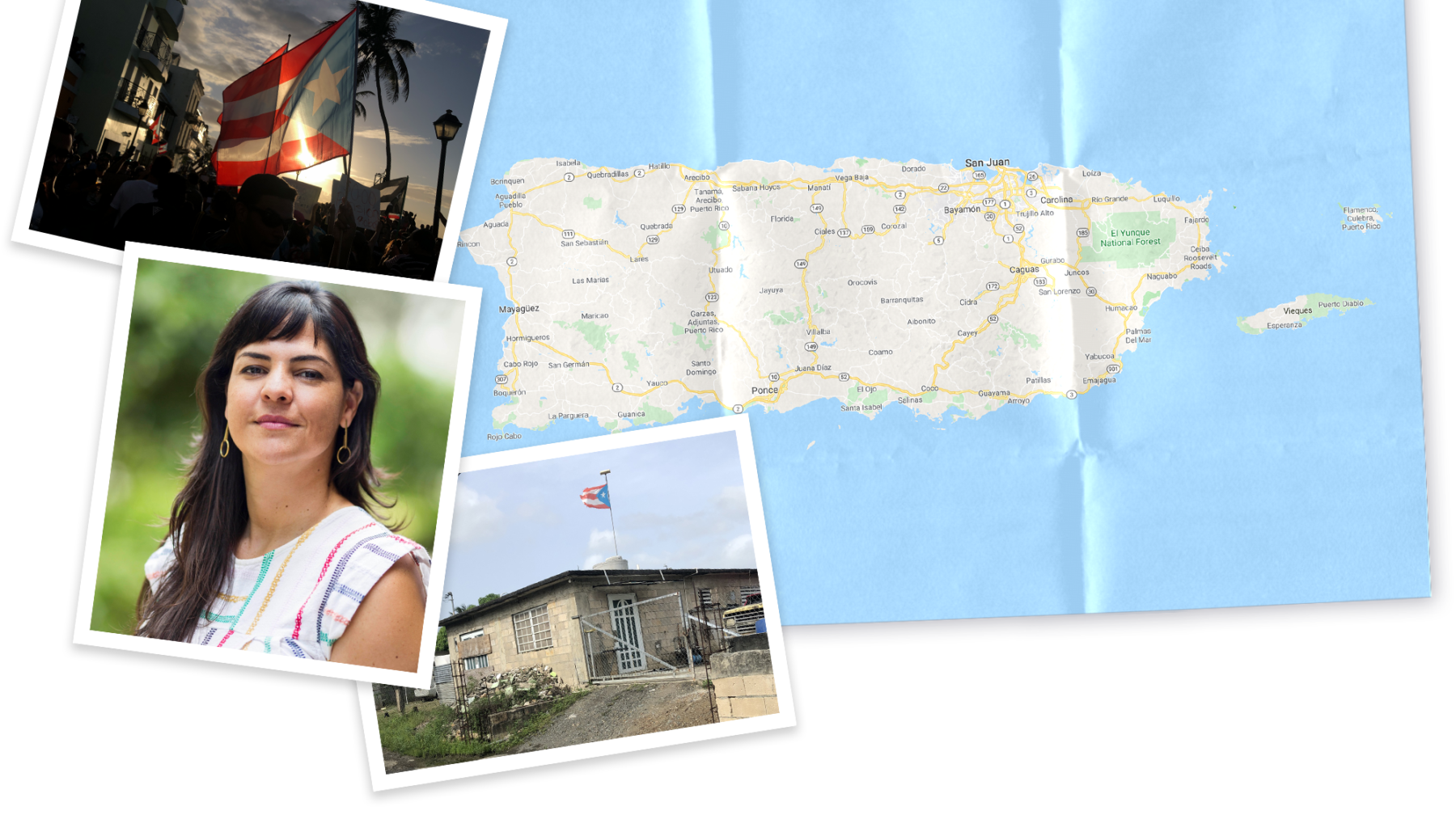 Collage of map and images of Puerto Rico and photo of Laura Pérez Sánchez