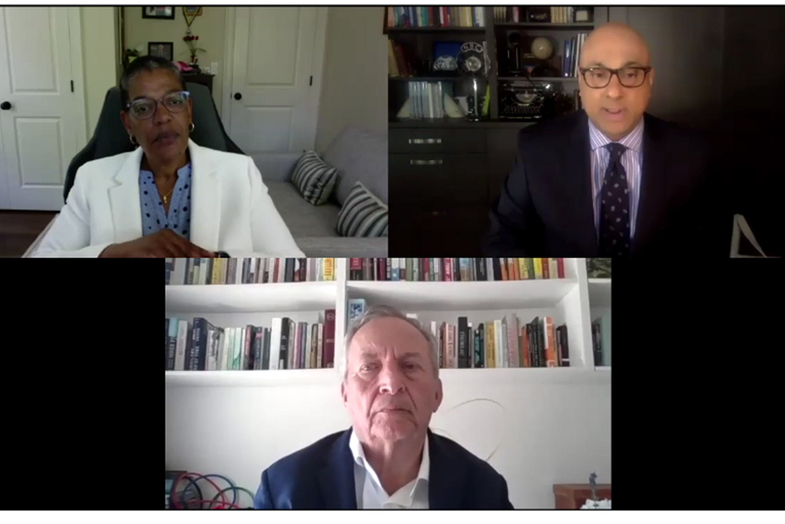 Chan School Dean Michelle Williams (clockwise top left), Ali Velshi, and Lawrence Summers.