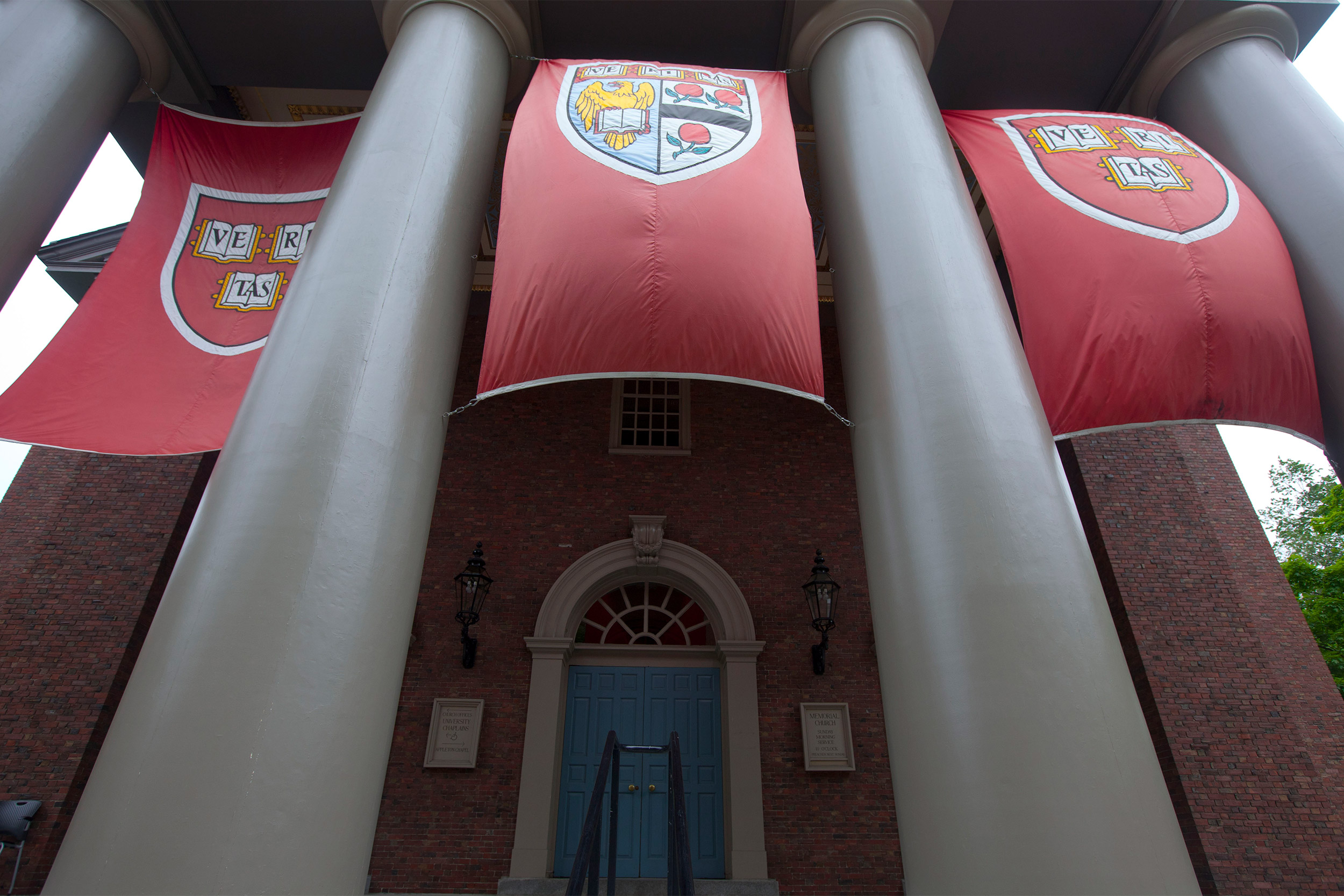 Veritas flags displayed at Memorial Church.