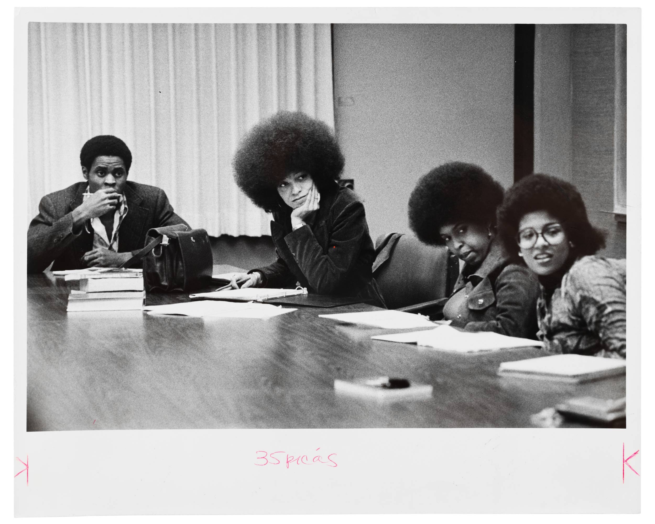 Black and white photo of Angela Davis.