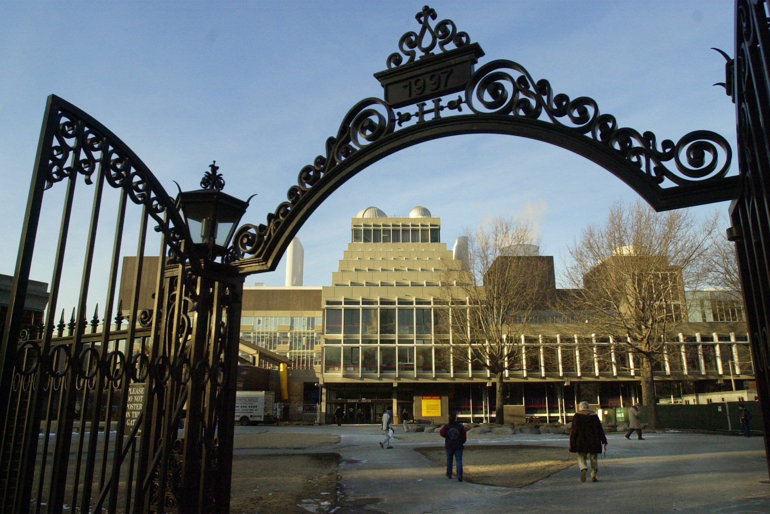 Harvard University gate leading to Science Center.