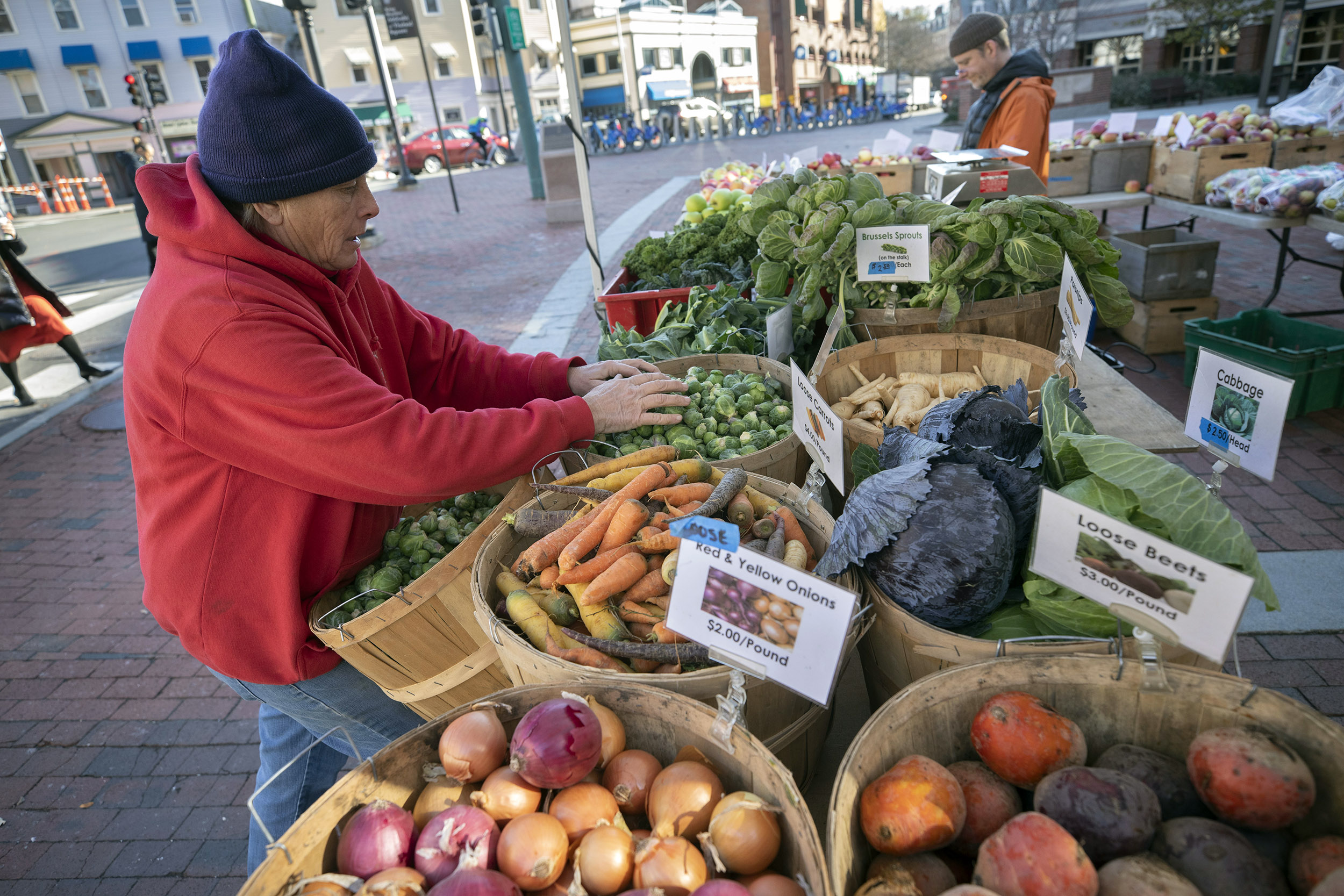 At the farmer’s market, Wendy Long Land sets up Kimball’s Fruit Farm Stand outside Harvard Kennedy School.