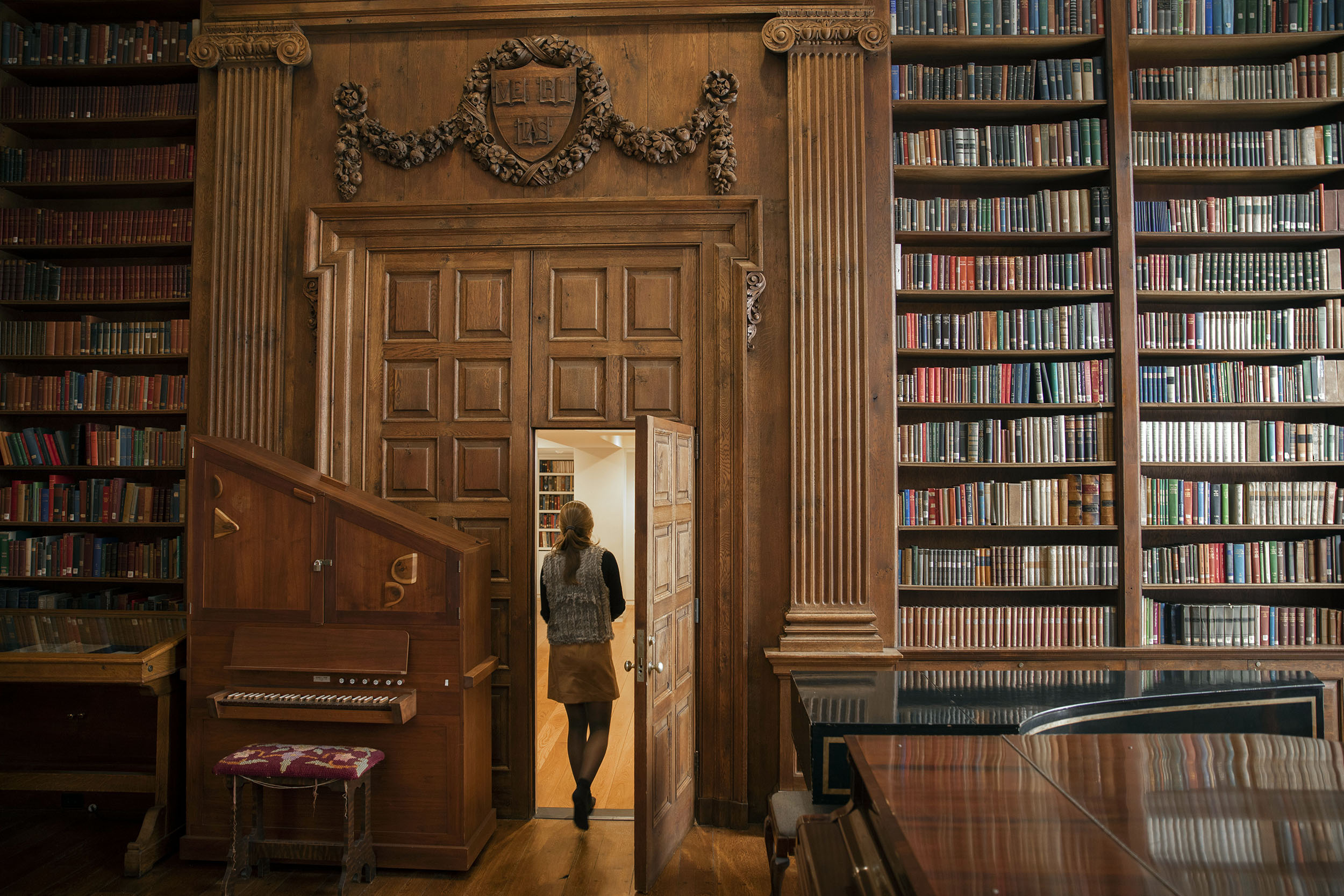 The Dunster House library features a rainbow of classics on its bookshelves, framing a student during Winter Reading Period.