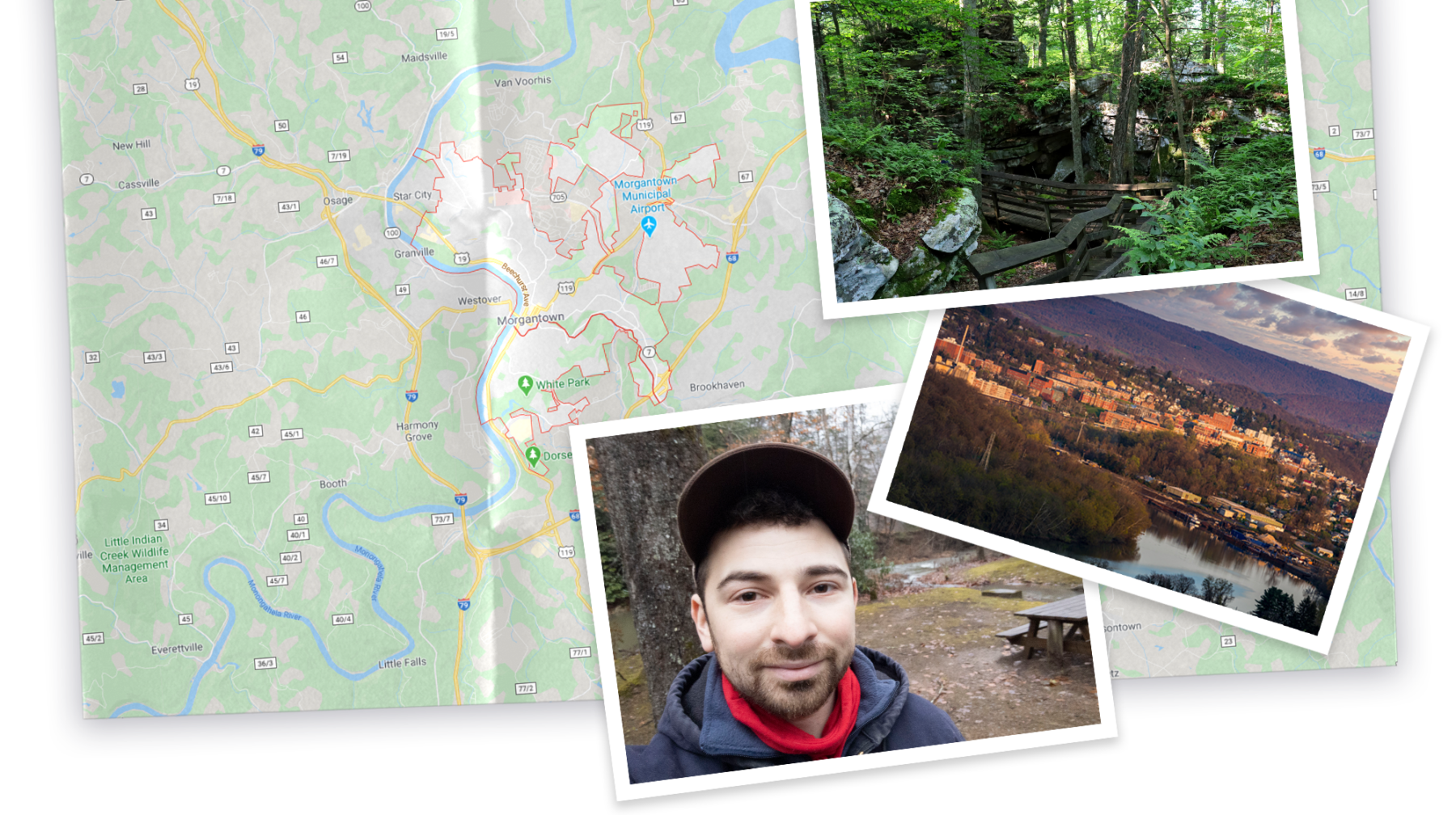 A collage with pics of West Virginia, a pic of Benny hiking, all on a map of West Virginia