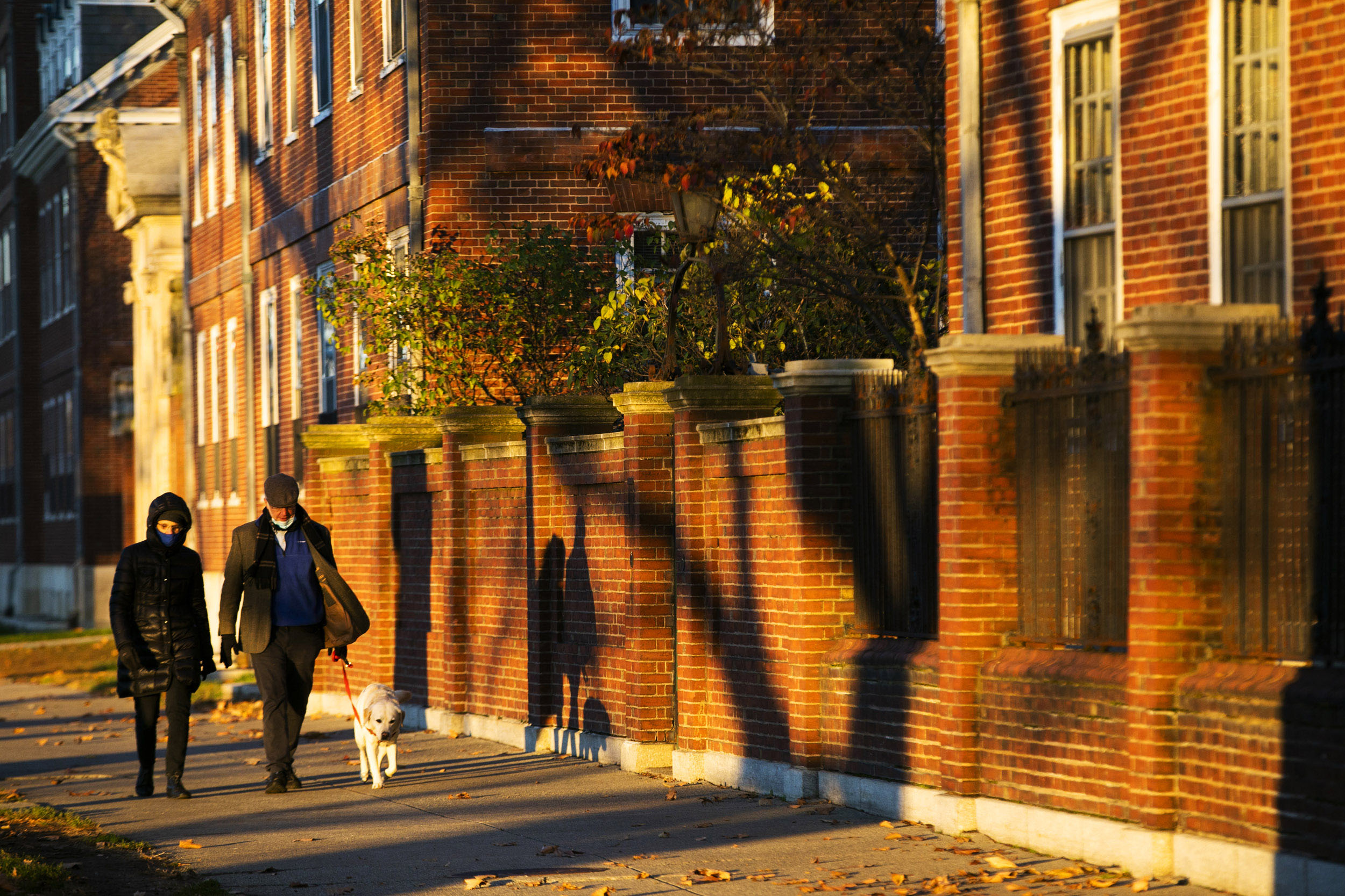 Walkers stroll past the River Houses with their dog.