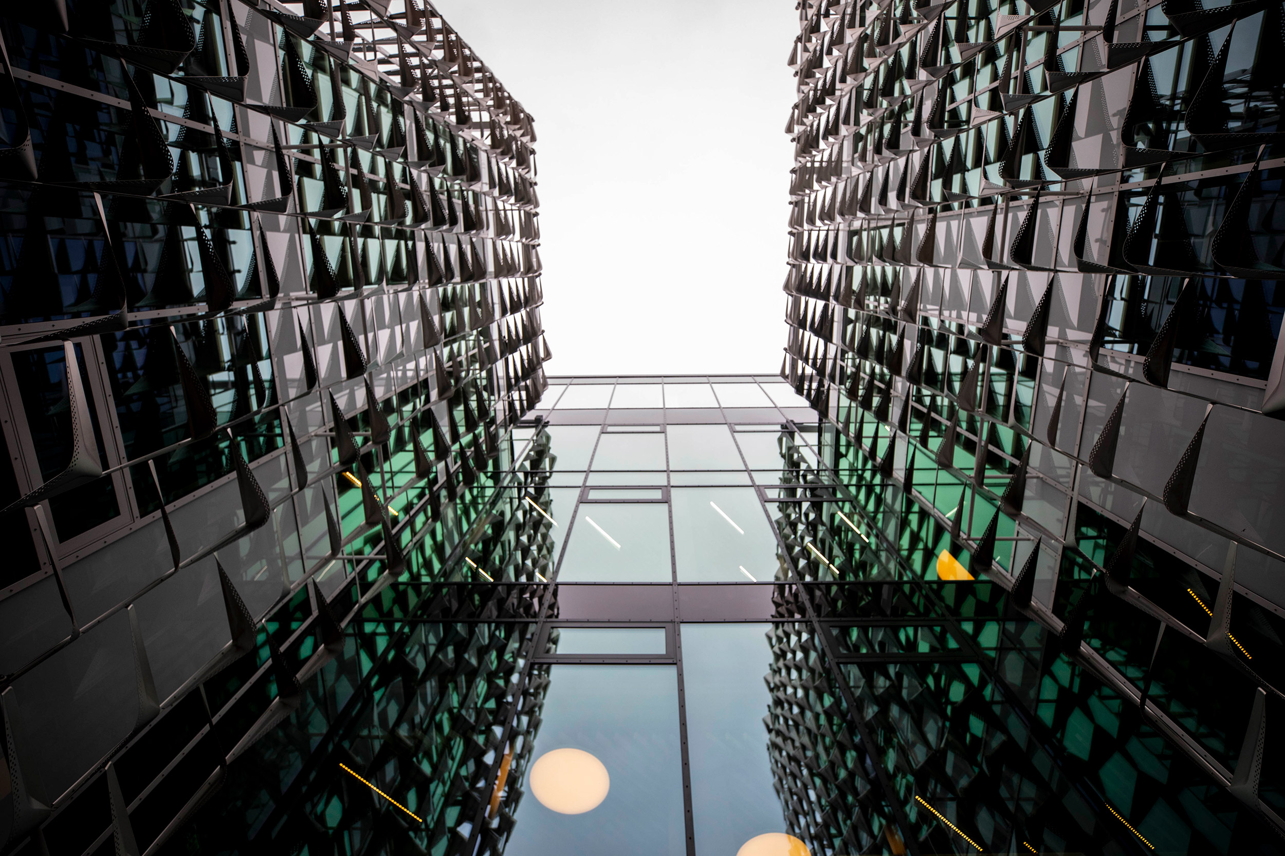 Looking up from one of the patios in the new Science and Engineering Complex.