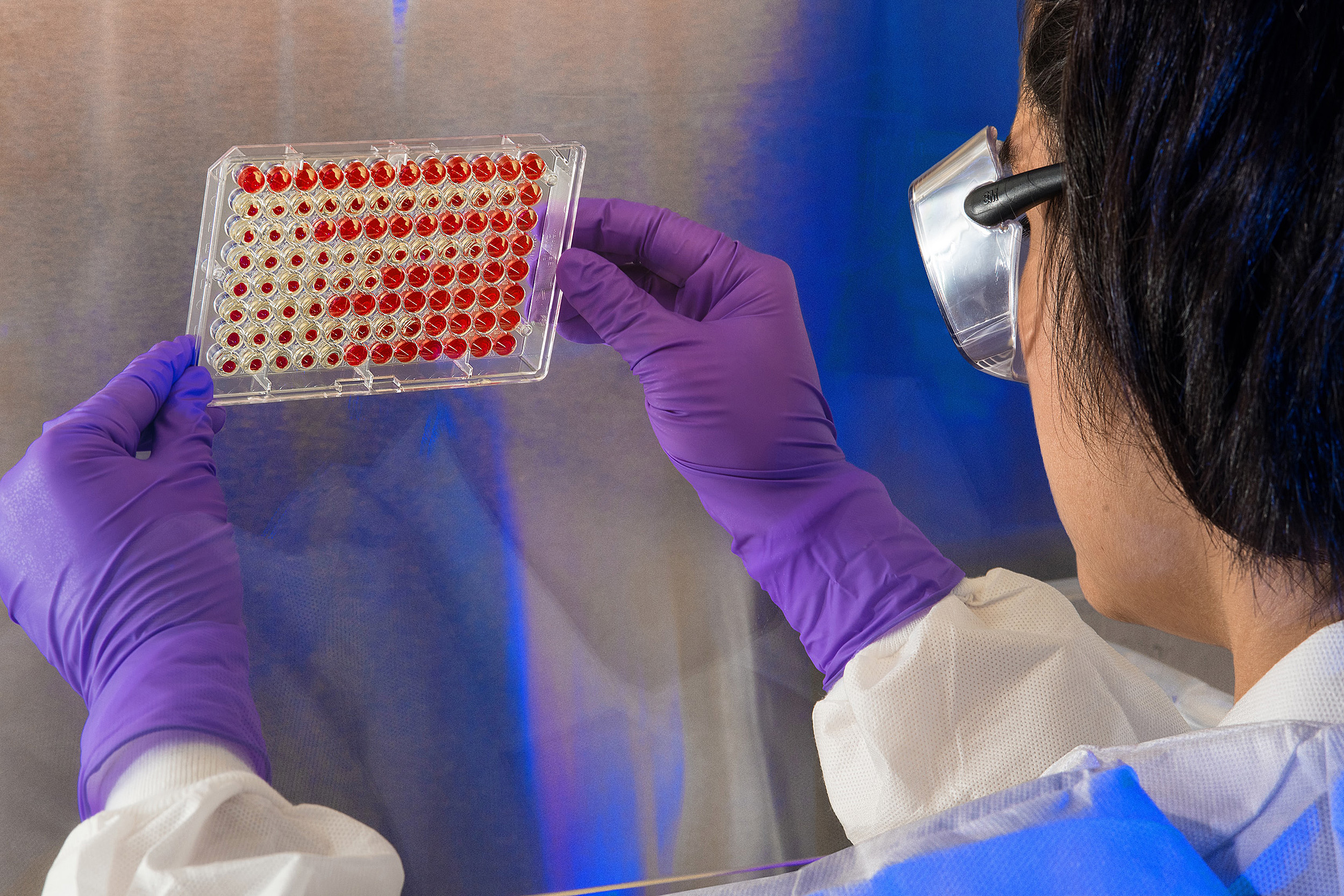 Scientist holding up a lab sample.