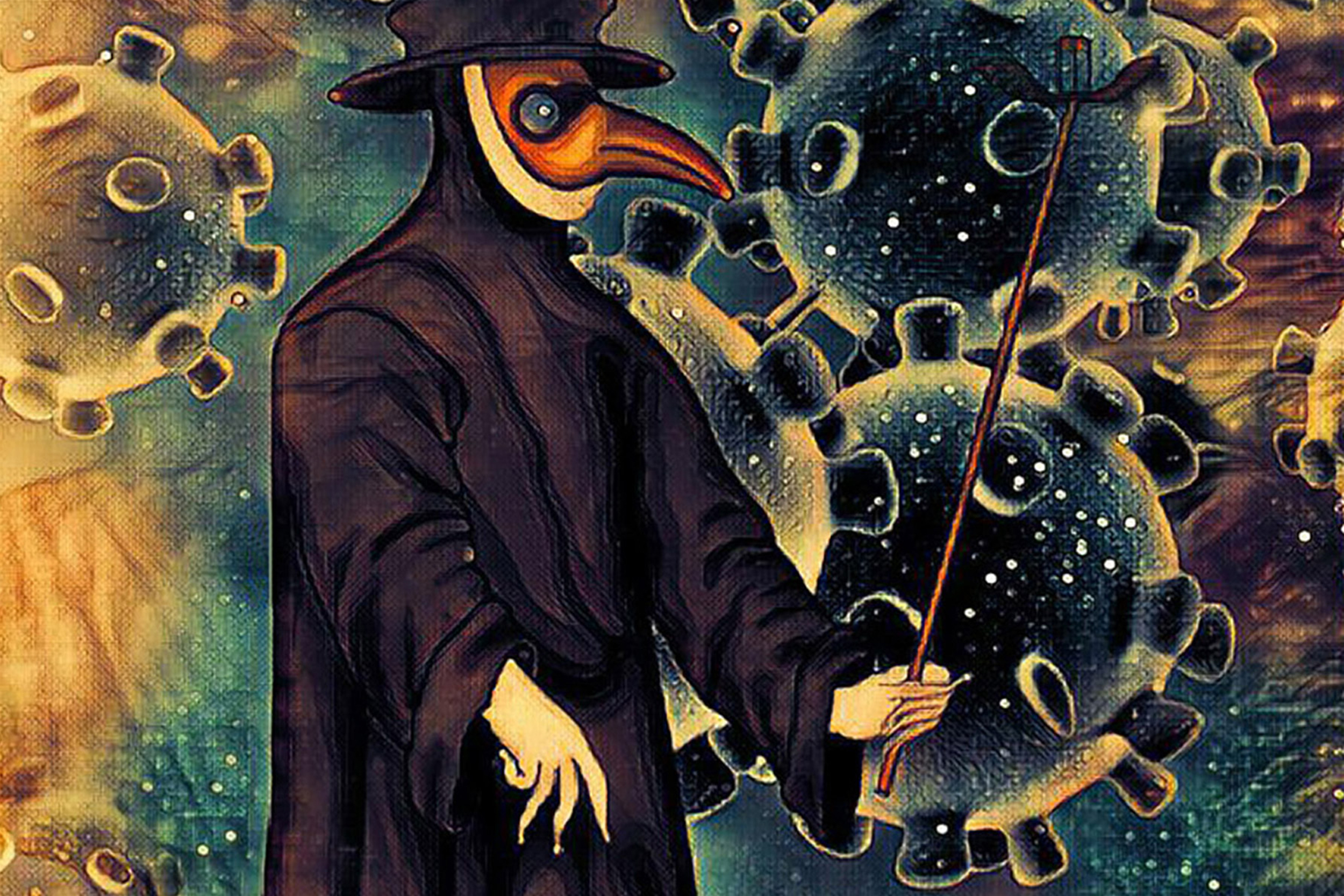 Illustration of plague doctor and coronavirus.