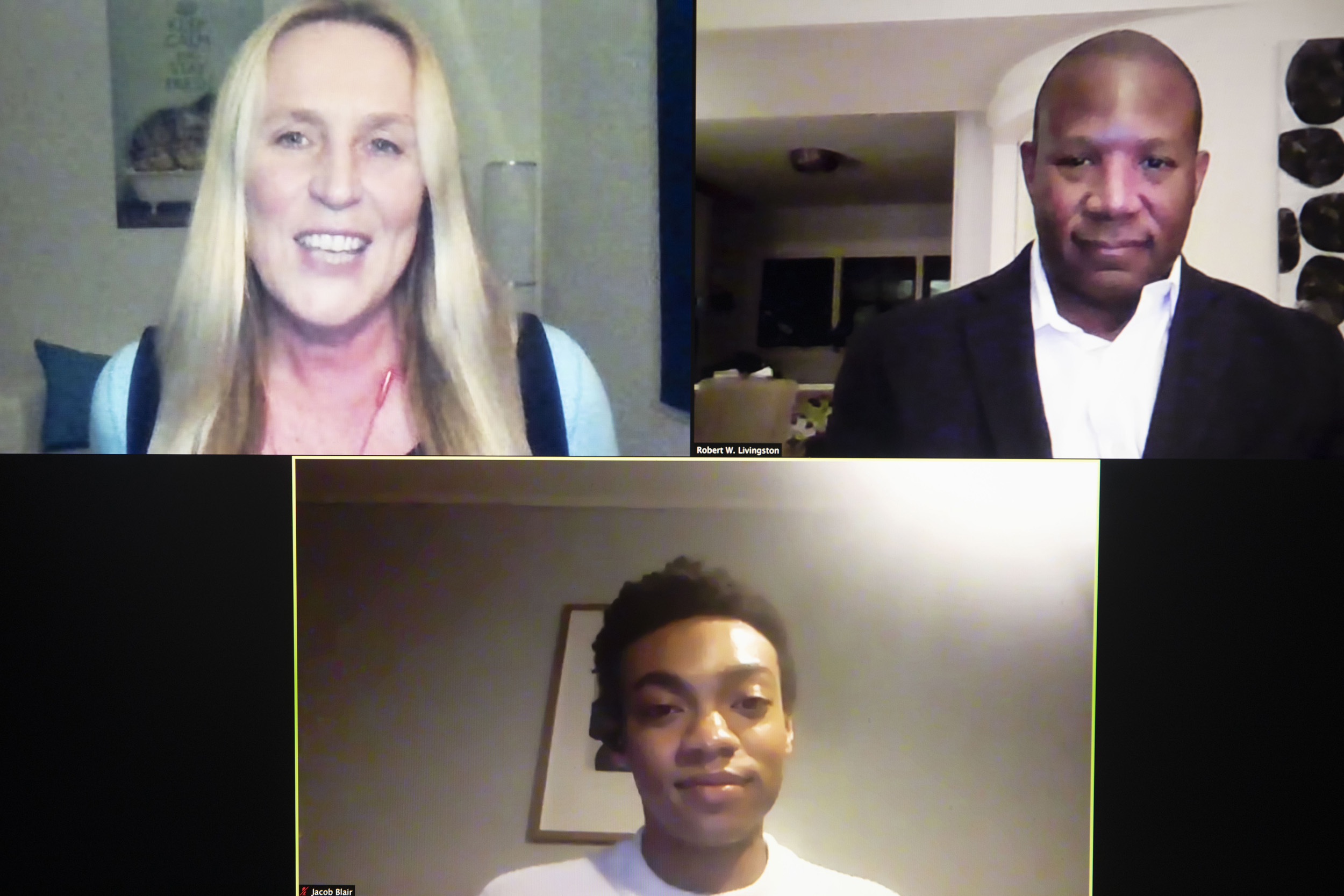 Zoom screenshot with Robert Livingston, Iris Bohnet, and Jacob Blair.