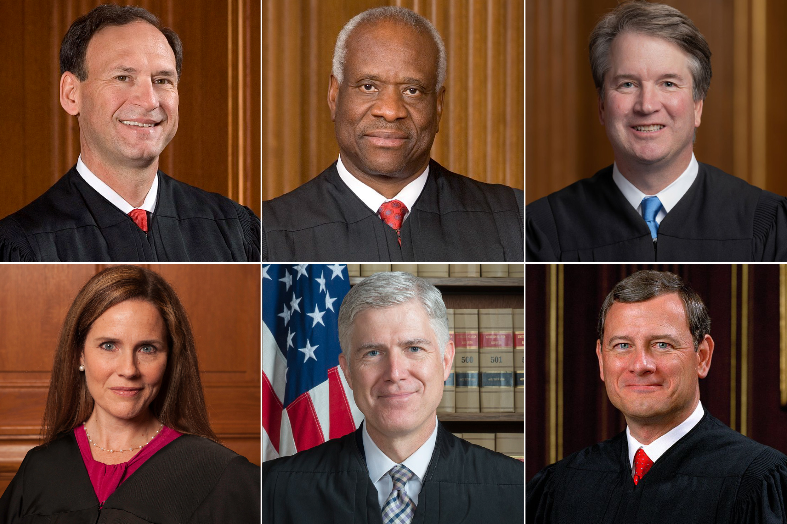 Supreme Court Justices Samuel Alito, Clarence Thomas, Brett Kavanaugh, Amy Coney Barrett, Neil Gorsuch, and John Roberts.