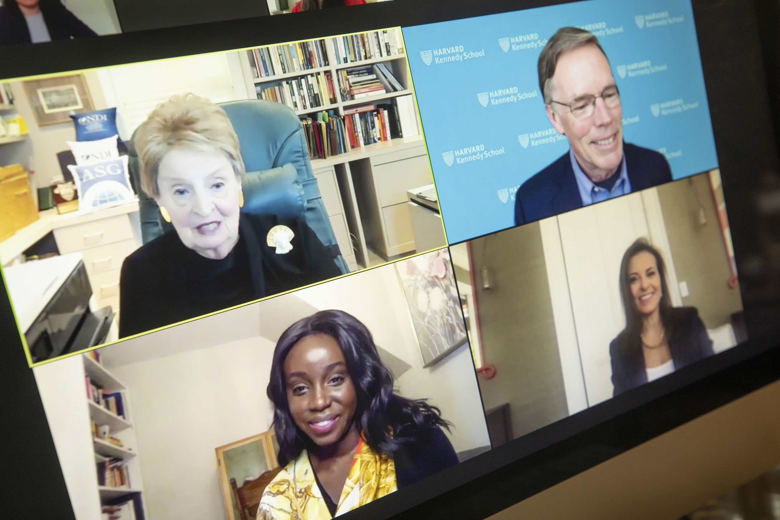 Madeleine Albright, Dina Powell McCormick, Ezinne Uzo-Okoro, and Nicholas Burns on Zoom.