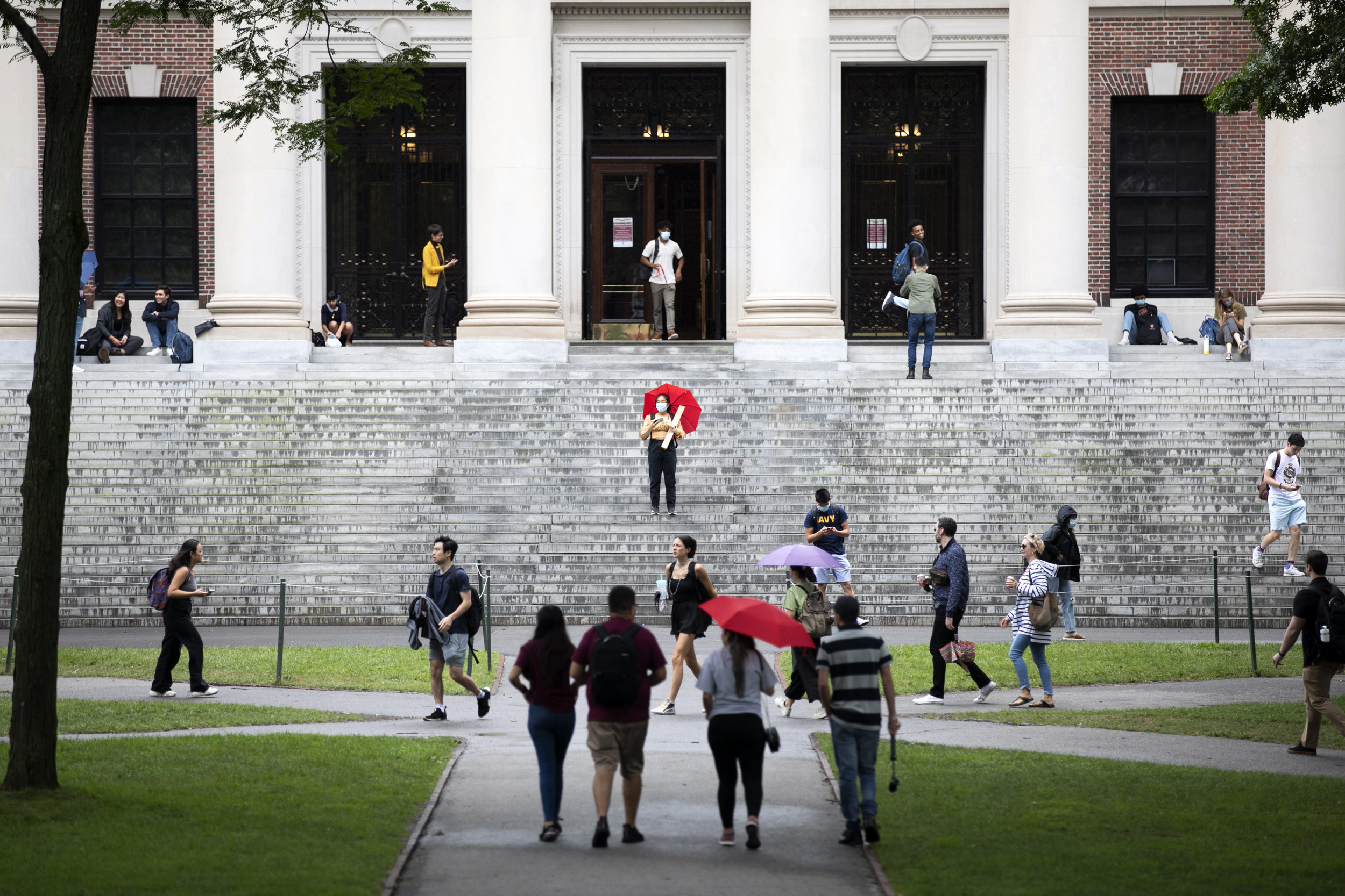 People parade by the steps of Widener Library.