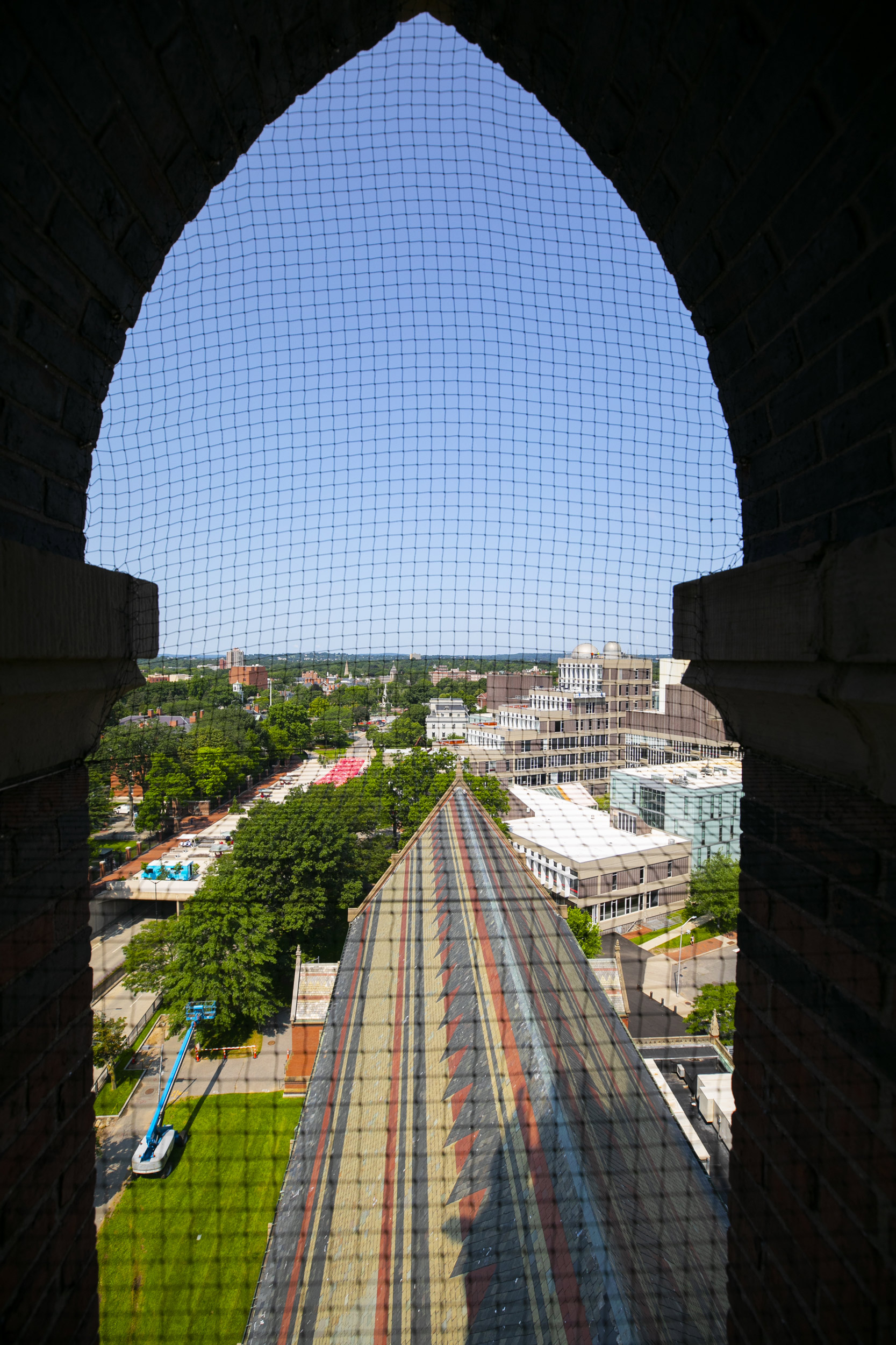 The window of Memorial Hall arches over Science Center Plaza