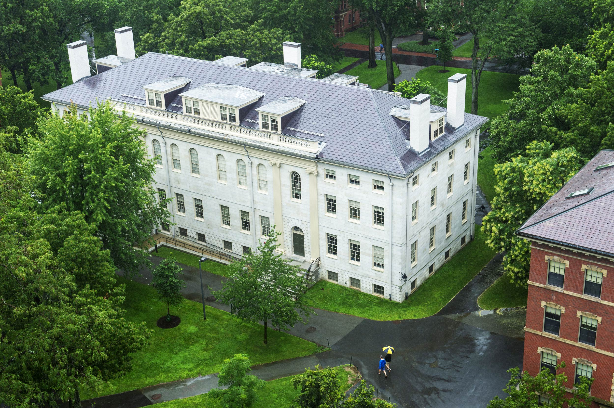 University Hall stands out even on a rainy day in Harvard Yard.