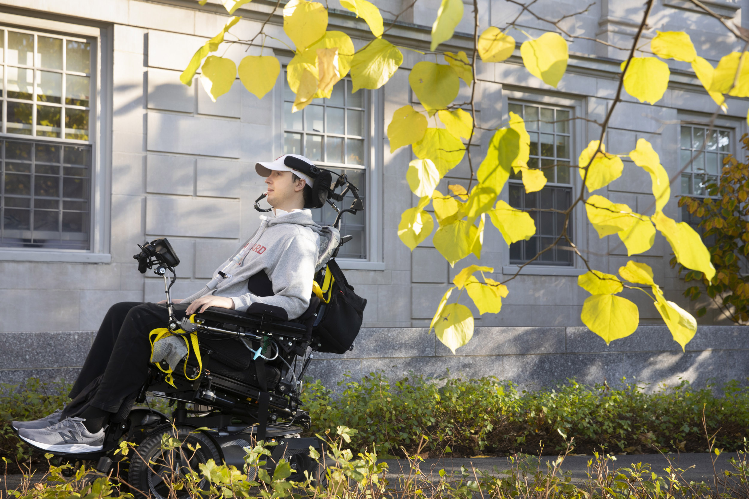 Ben Abercrombie navigates campus in a custom wheelchair.