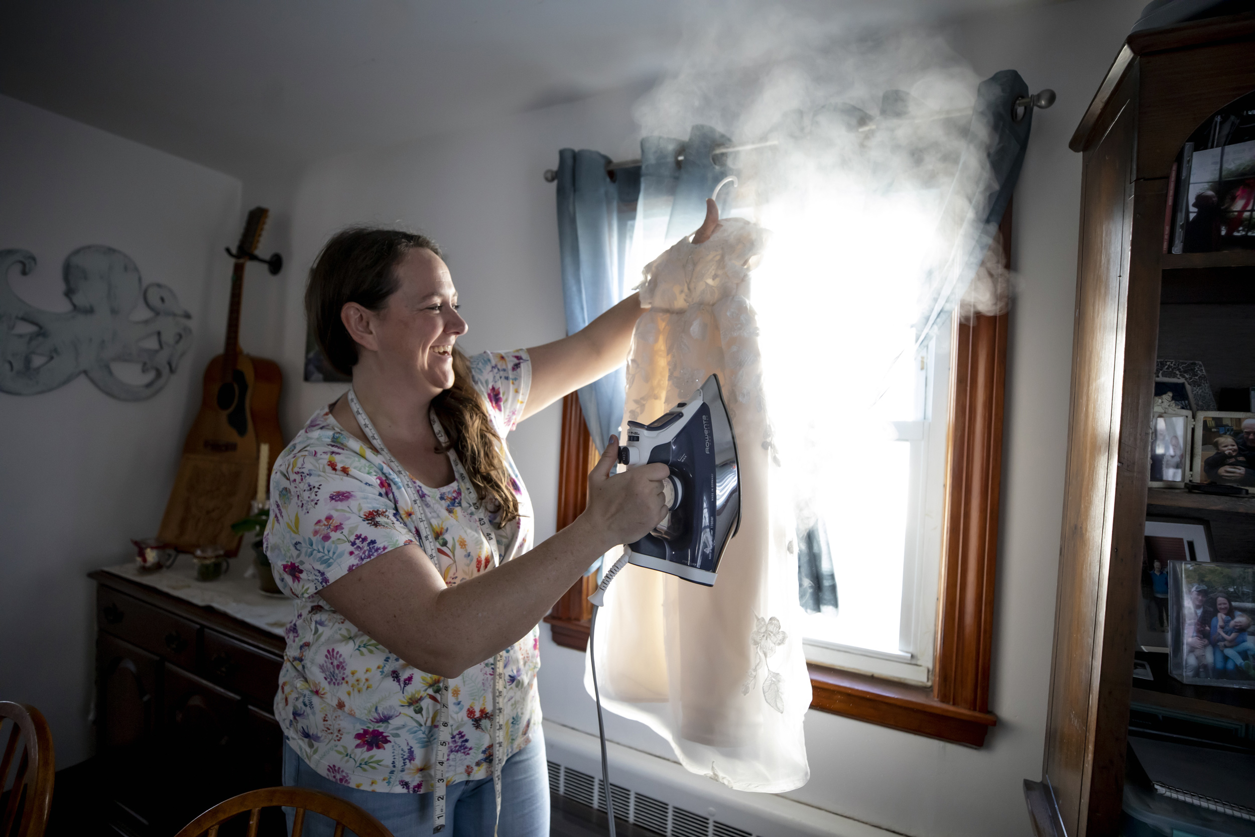 Kate Pease using a steamer.