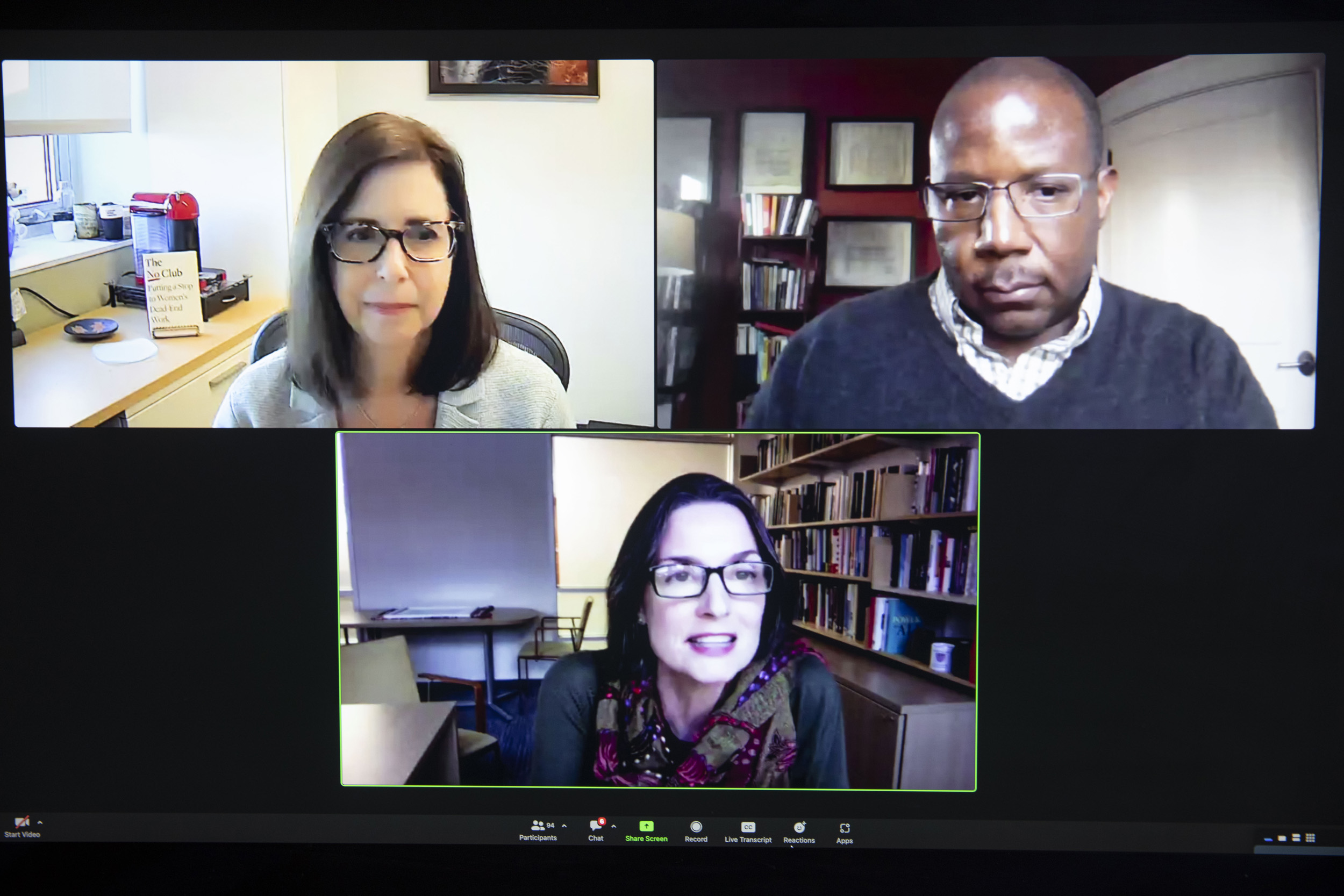 Zoom panel with Laurie Weingart (clockwise from top left), who was joined by Robert Livingston and Hannah Riley Bowles.