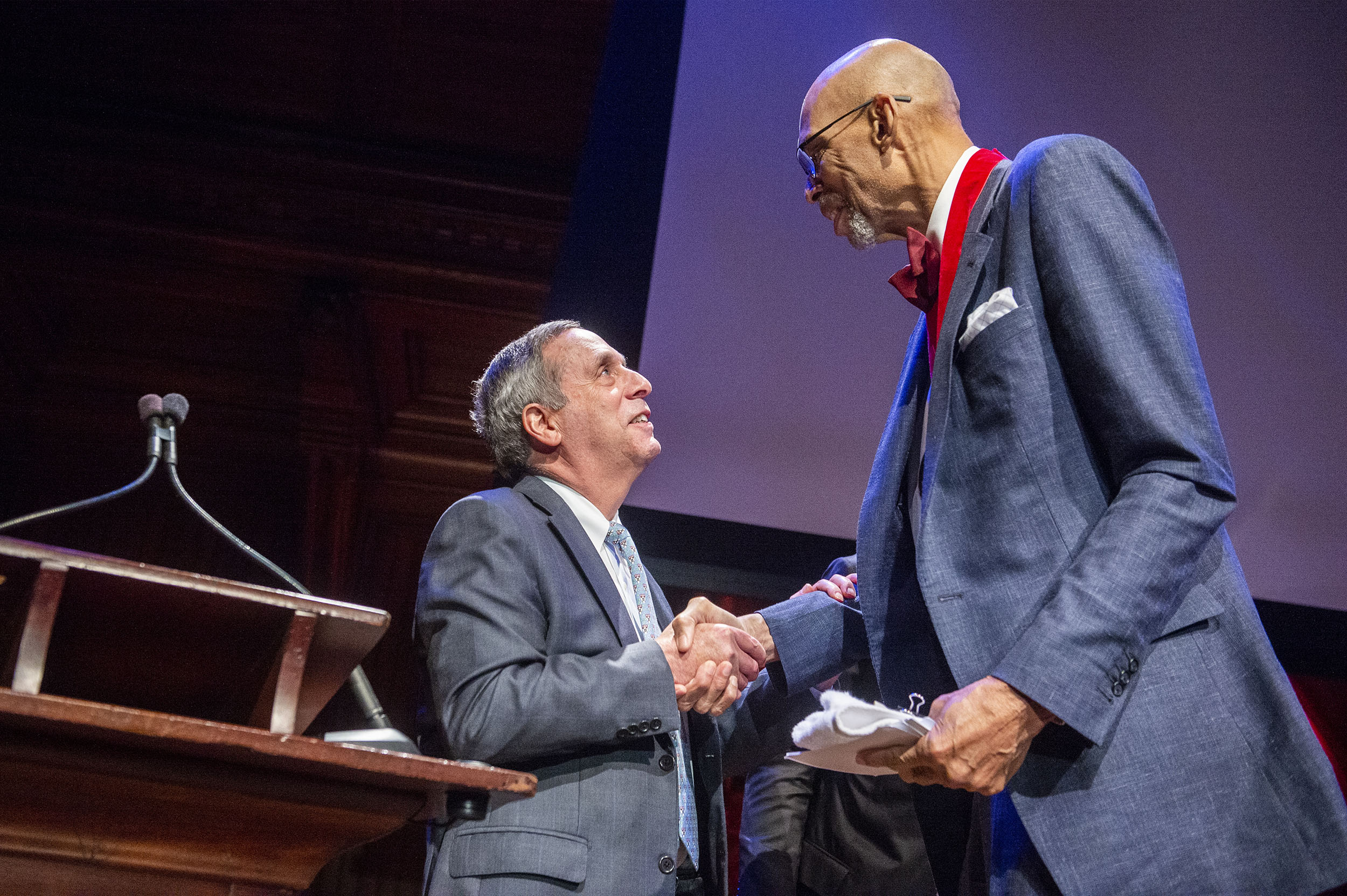 Larry Bacow and Kareem Abdul-Jabbar.