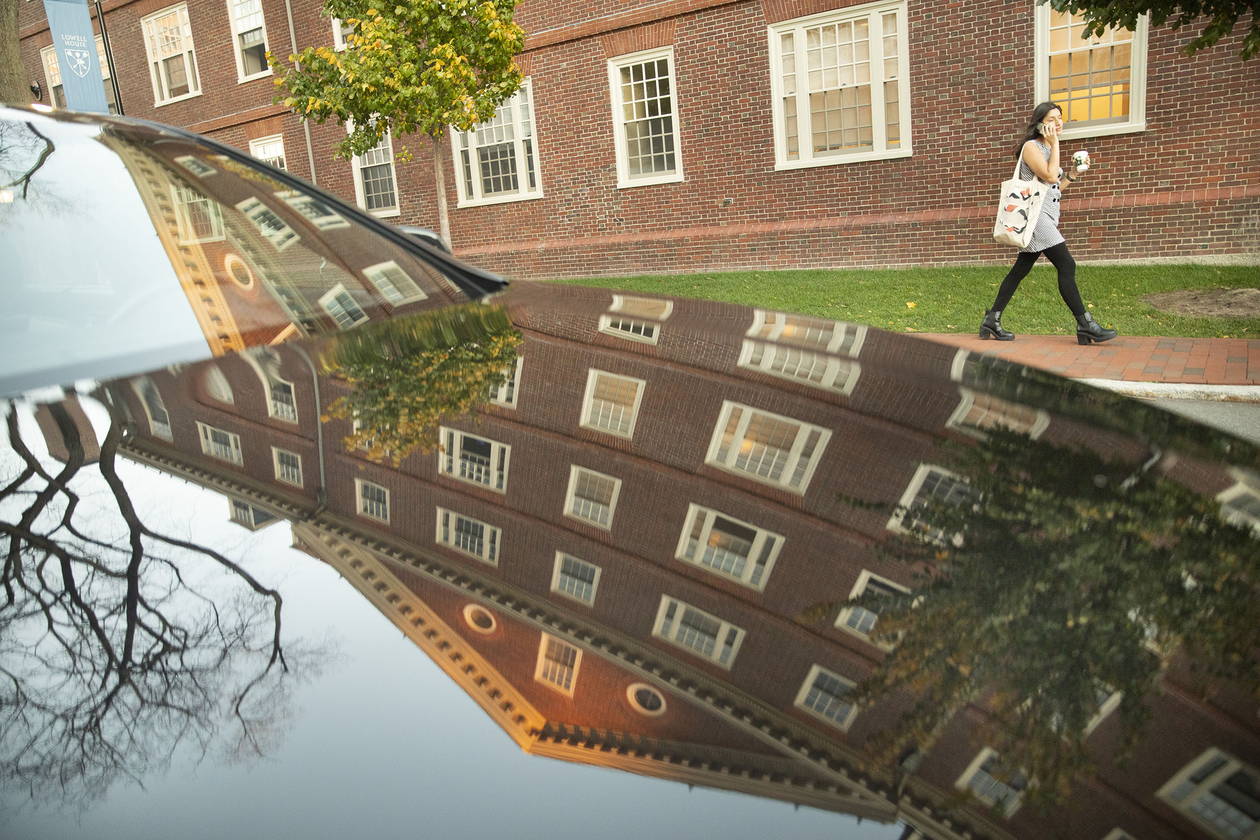 Lowell House reflected in a car's surface.