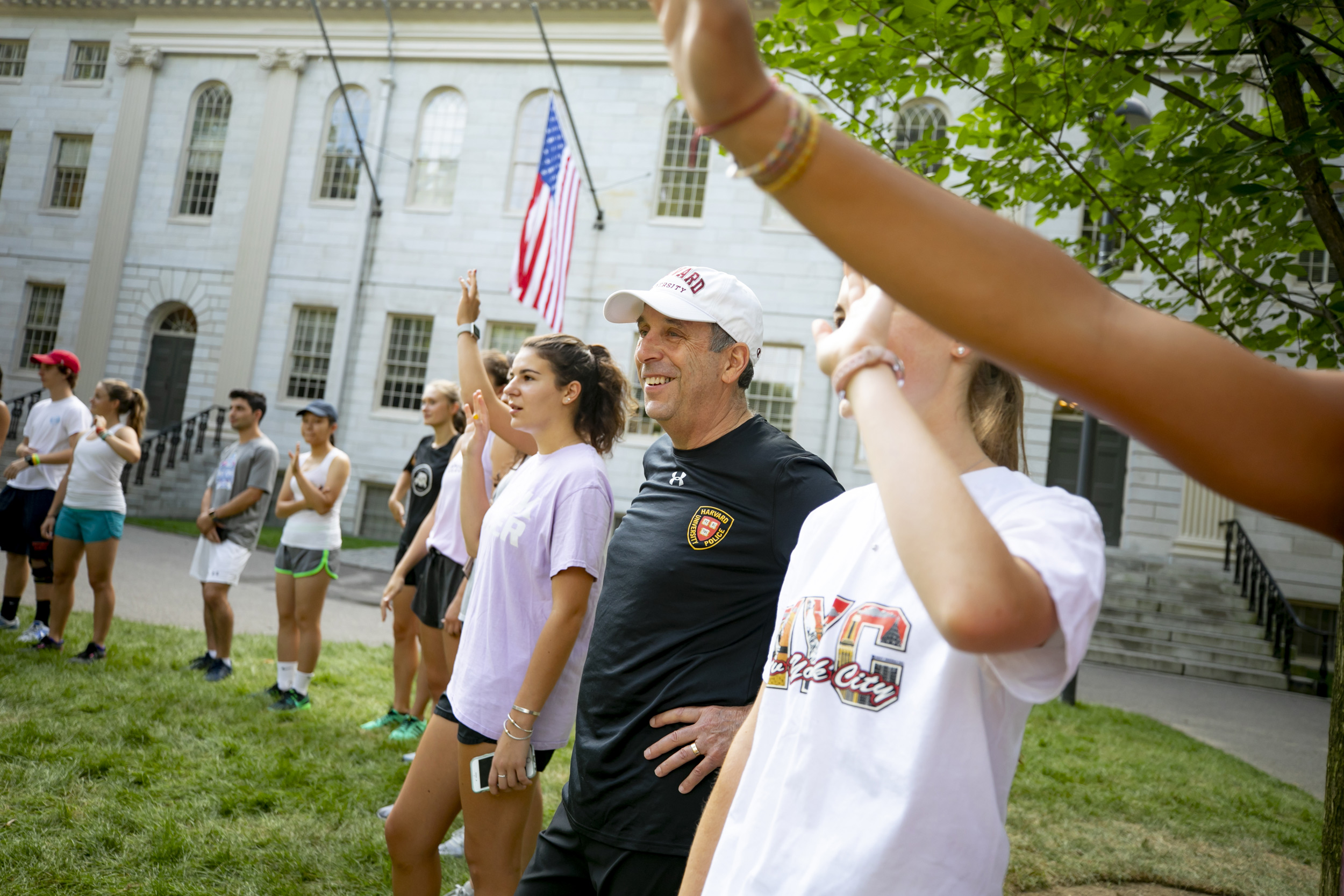 Bacow met with students in the Yard before running with them.