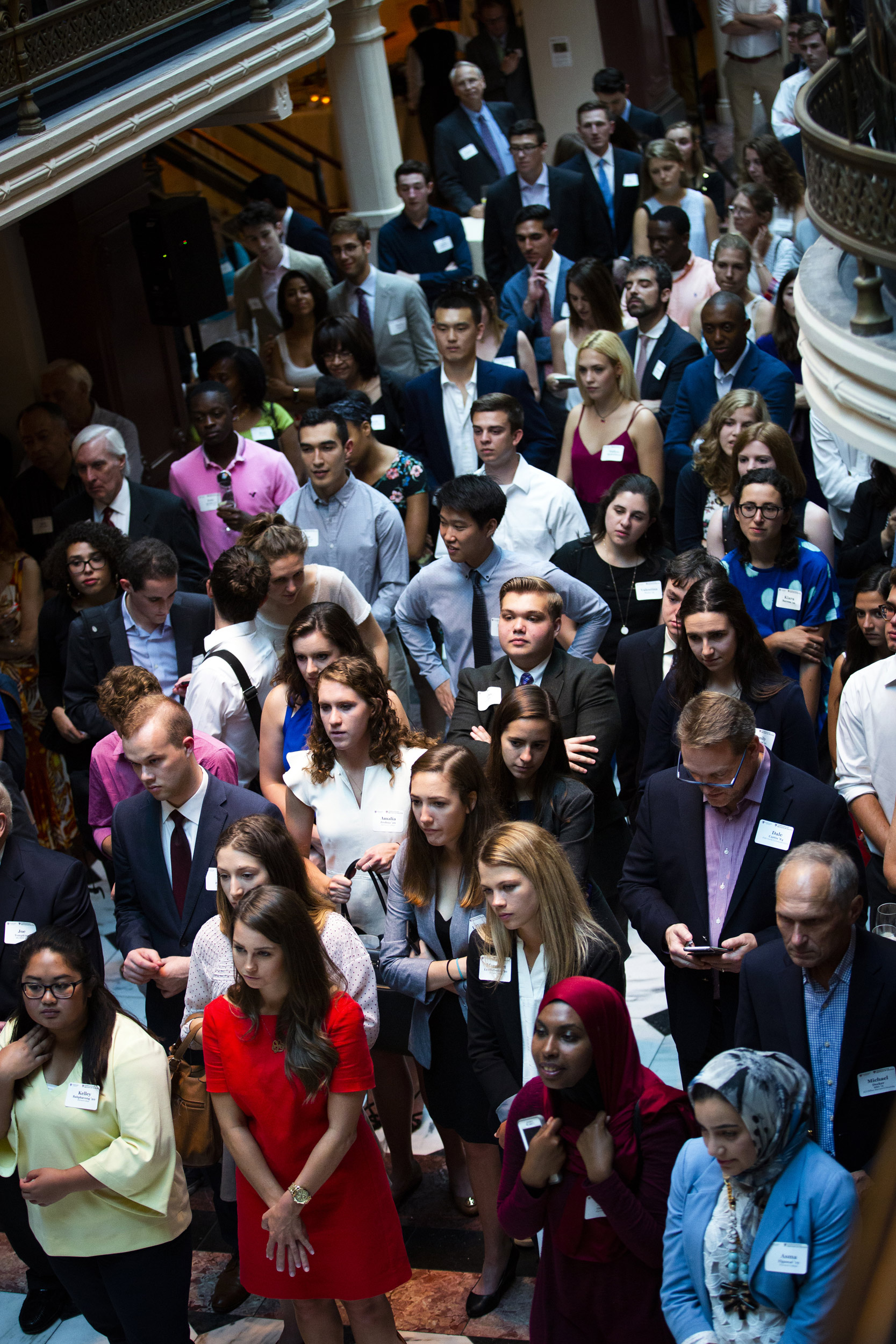 The audience listens to Bacow speak in the Smithsonian American Art Museum and National Portrait Gallery in Washington, D.C.