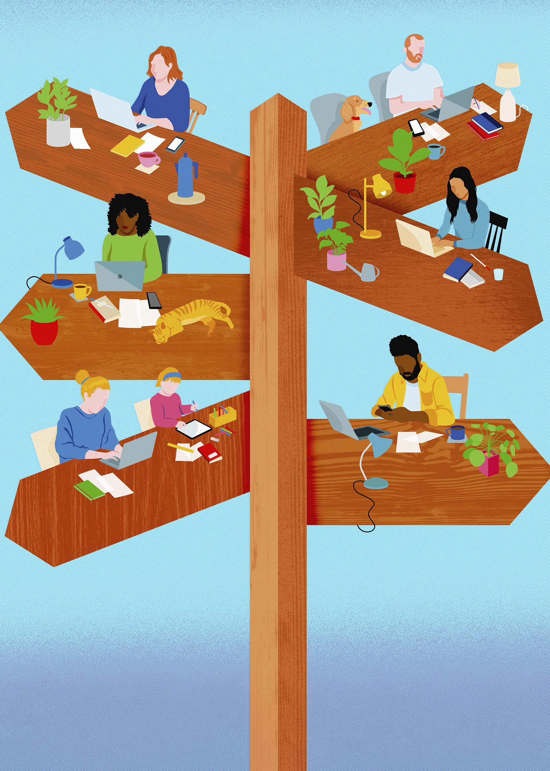 Illustration of people working from home in all directions on desk shaped like signpost.