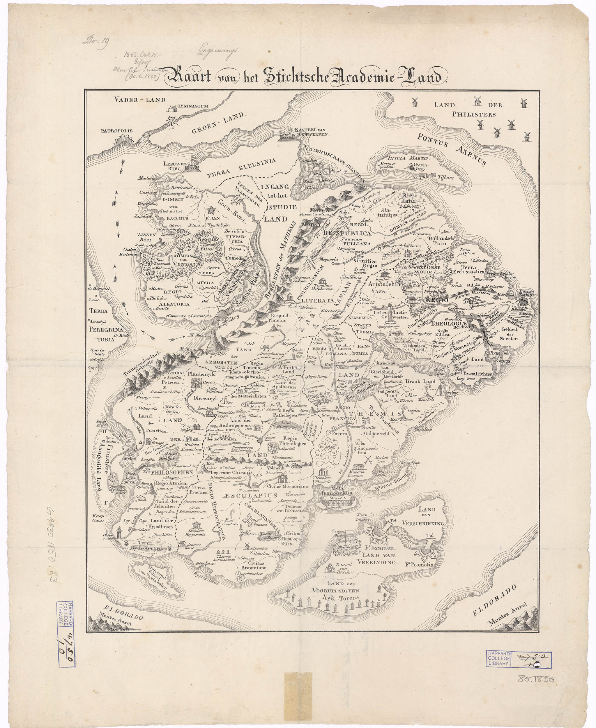 Map of journey through academia includes Creditors Swamp, the Region of Gambling, the Domain of Bacchus and other pitfalls. Once through those trials, and having scaled the Mountains of Math, one can choose from several paths – theology, law, medicine, philosophy – all ending at Fort Examen. From there you go either to the Land of Rejoicing or across the bridge to the Land of Horrors.