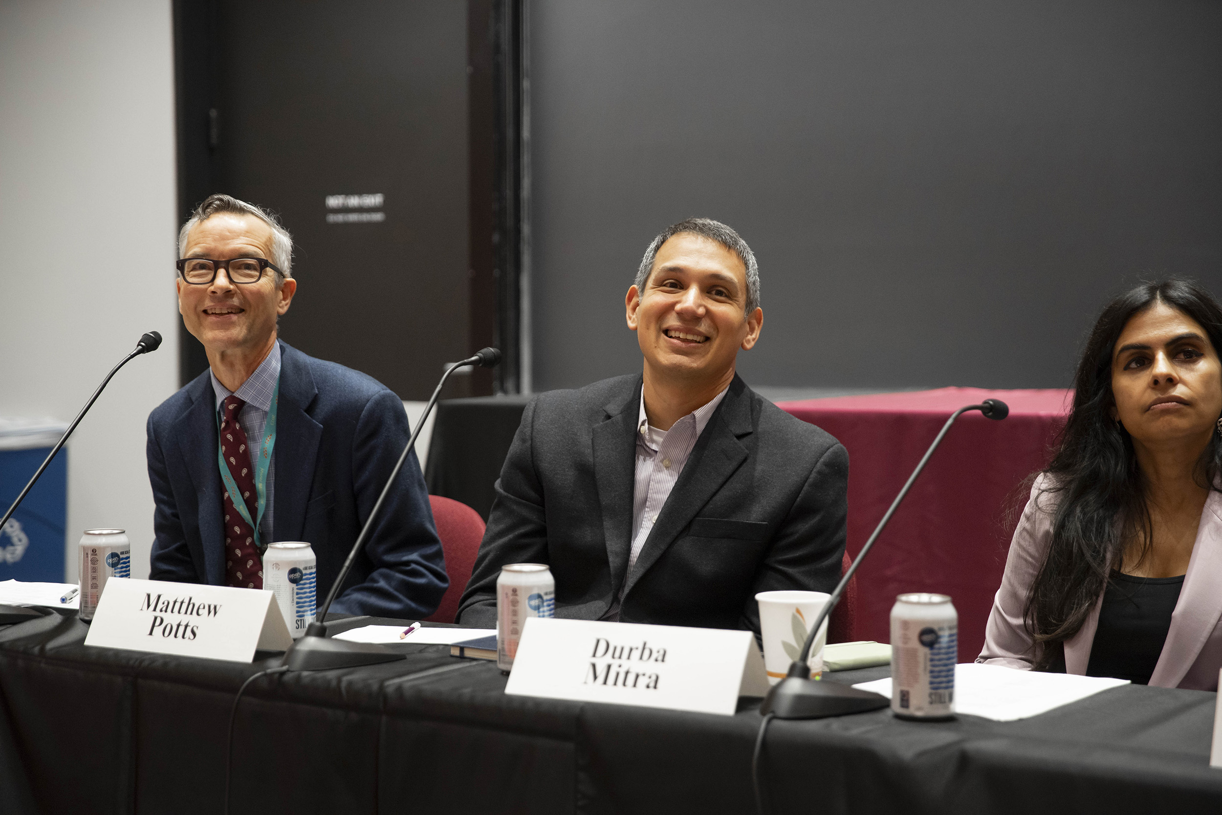 Robin Kelsey, (from left) Matthew Potts, and Durba Mitra listen to an audience member’s question.