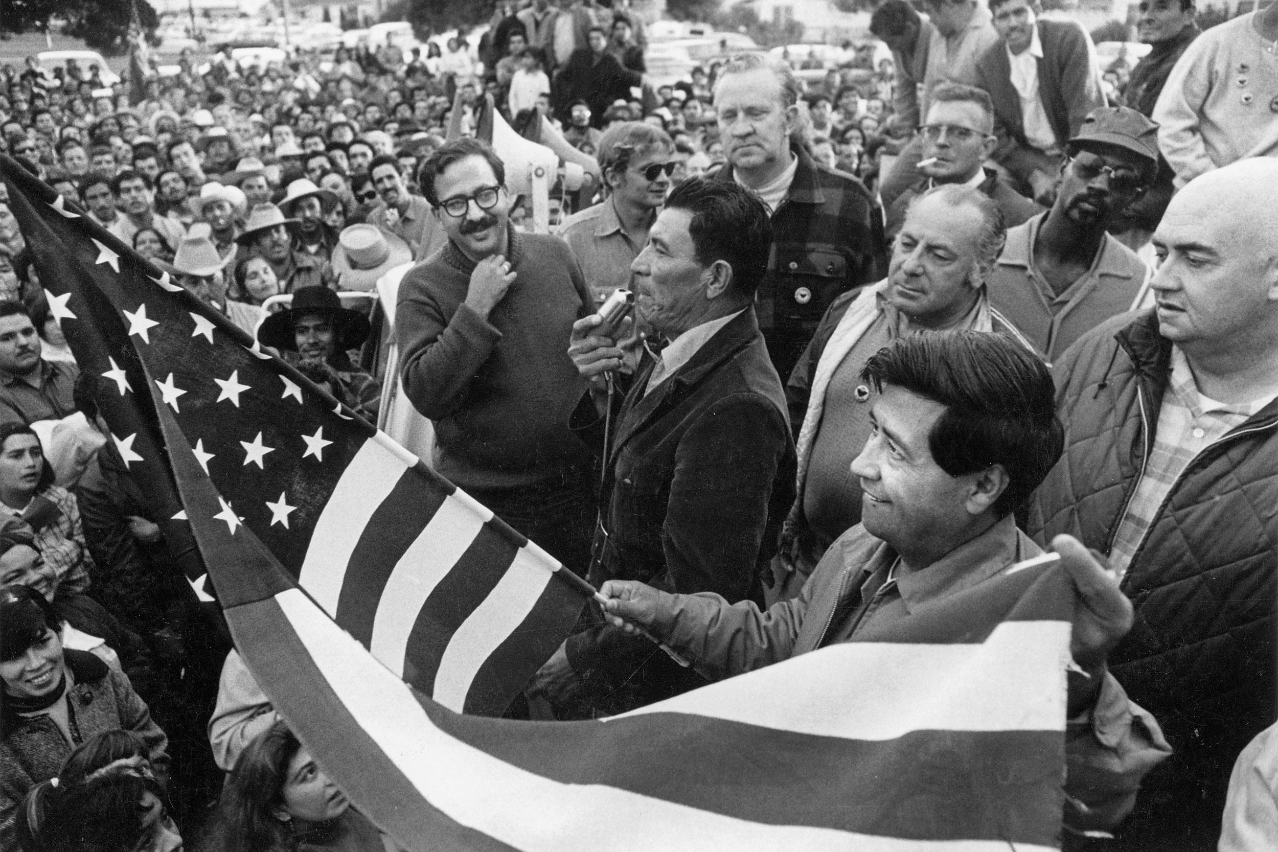 UFW rally with Marshall Ganz, Bill Kircher, Cesar Chavez,