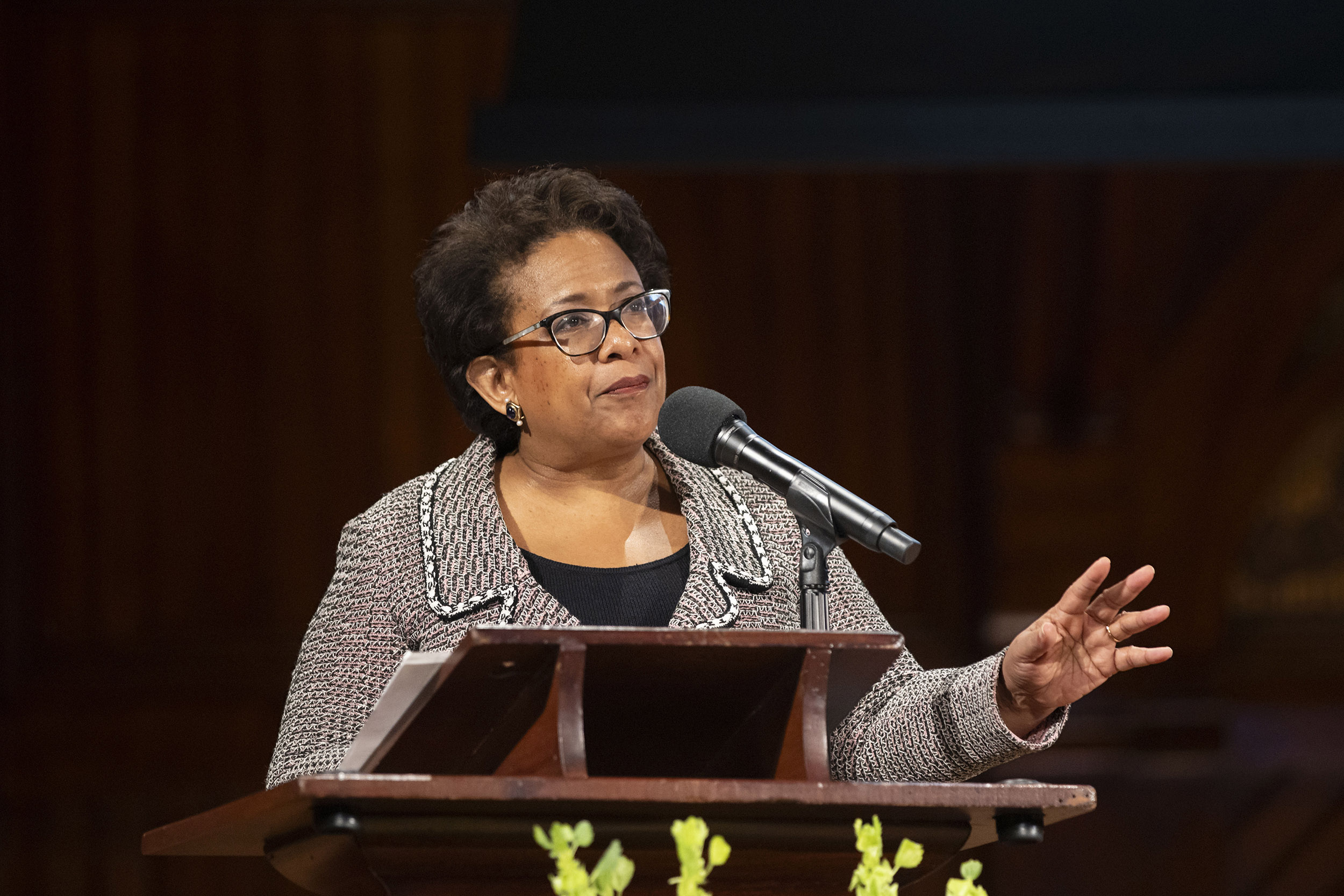 Loretta E. Lynch at lectern.