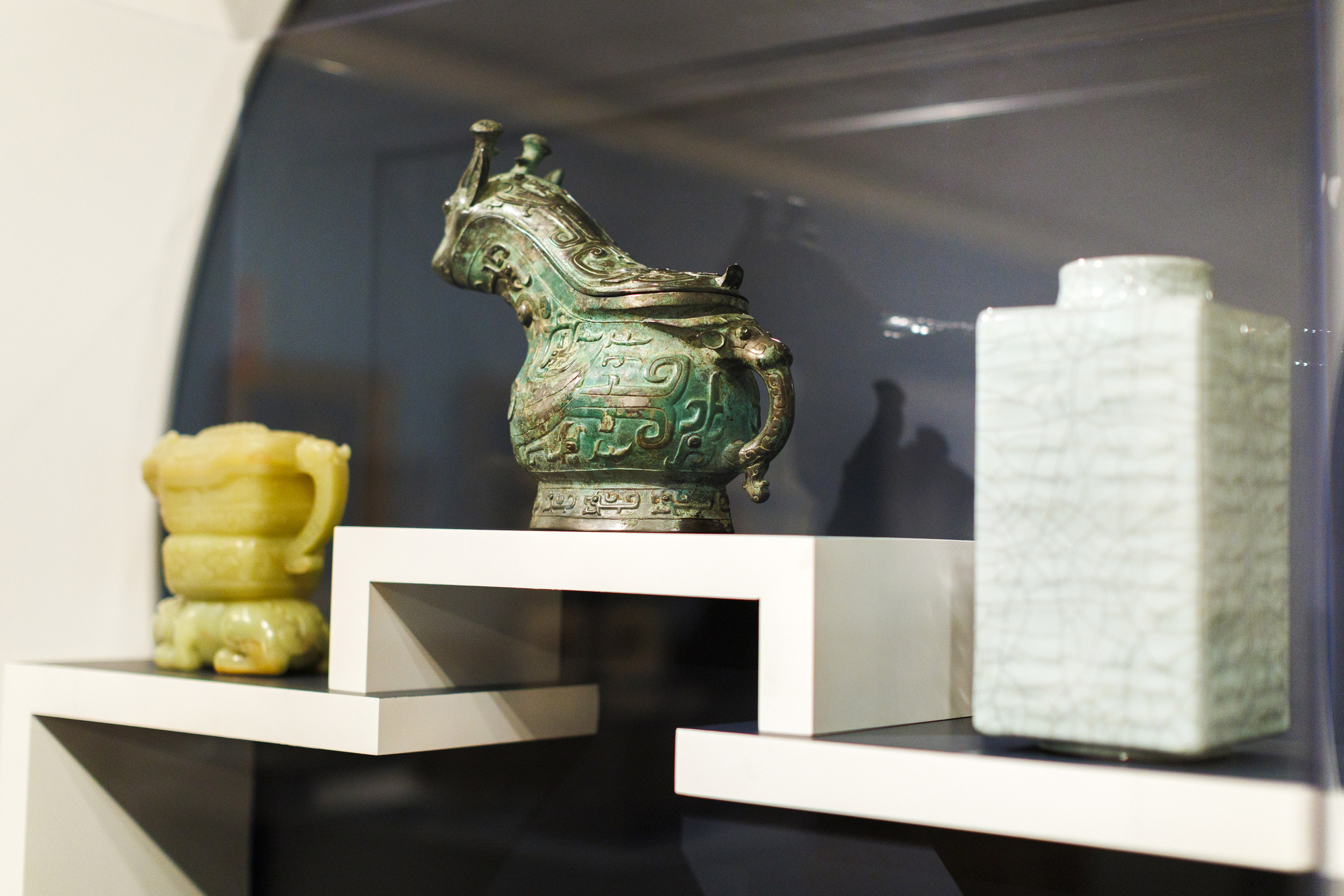 Vessels on a shelf.